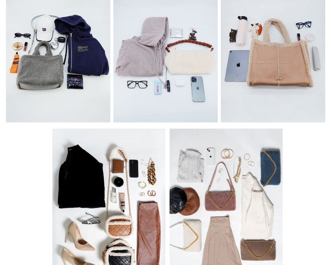 Sherpa shoulder bag styled with a brown skirt and white sweater for a cozy fall outfit.