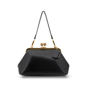A black leather kiss-lock handbag with gold-tone hardware and a thin shoulder strap, shown against a plain white background.