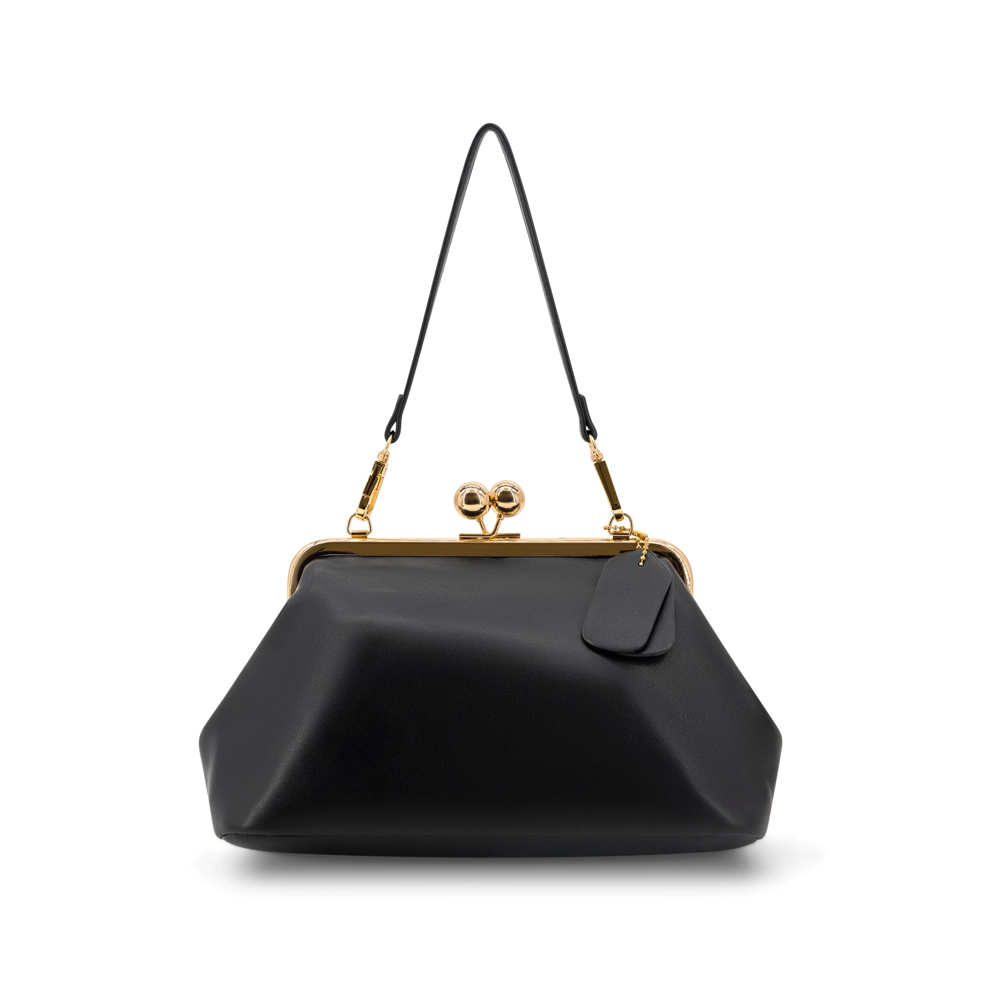A black leather kiss-lock handbag with gold-tone hardware and a thin shoulder strap, shown against a plain white background.