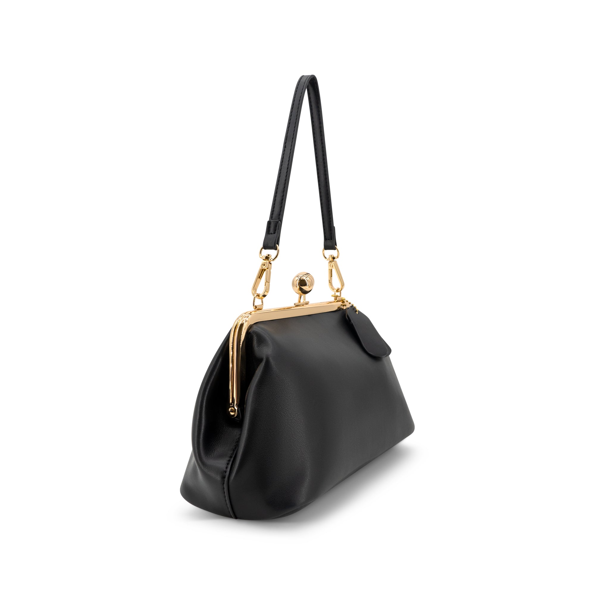 A black leather handbag with a gold-tone kiss-lock clasp and a thin shoulder strap, shown from a three-quarters angle on a white background.