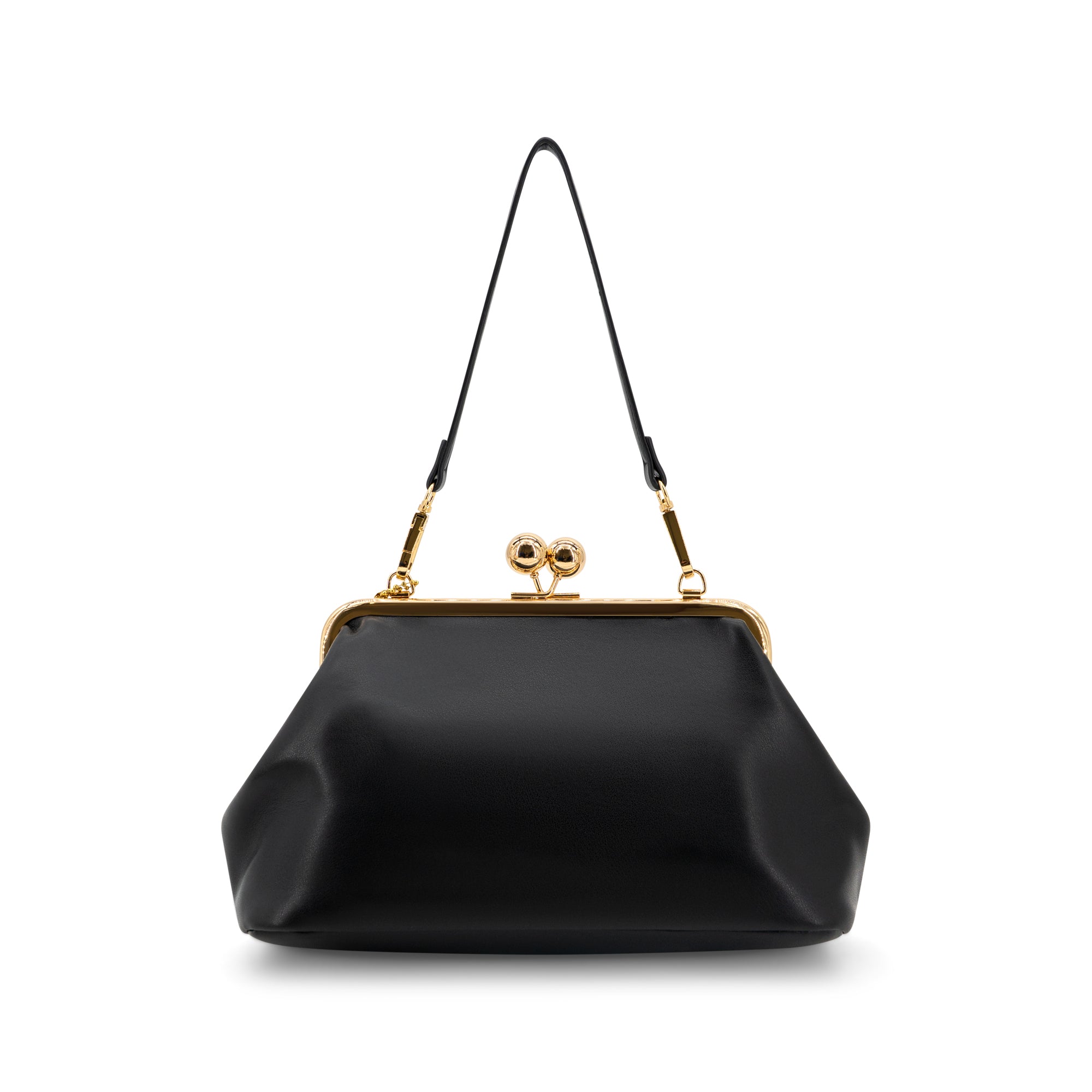 A black satin kiss-lock handbag with gold-tone metal hardware and a thin black shoulder strap, shown against a plain white background.