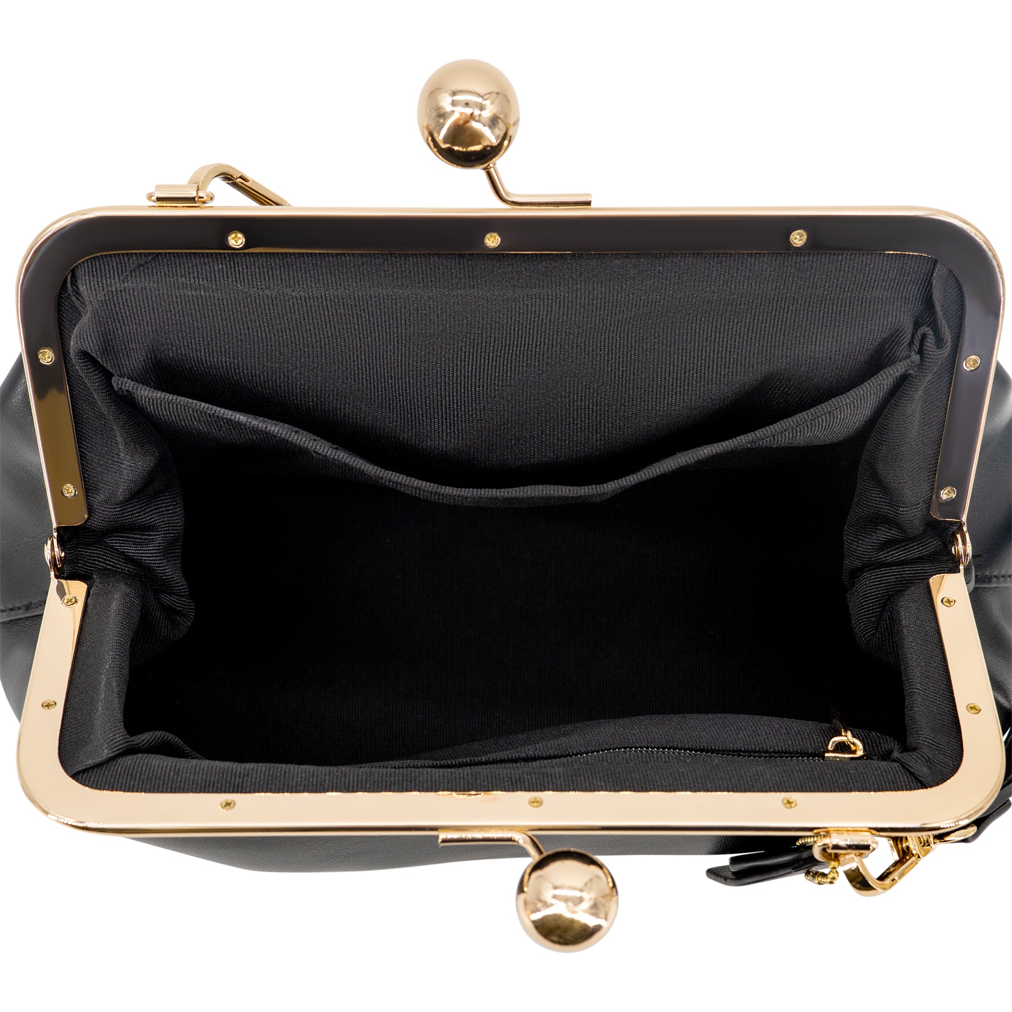 Black leather clutch handbag with a gold-tone metal frame and a black fabric interior, shown open against a white background.