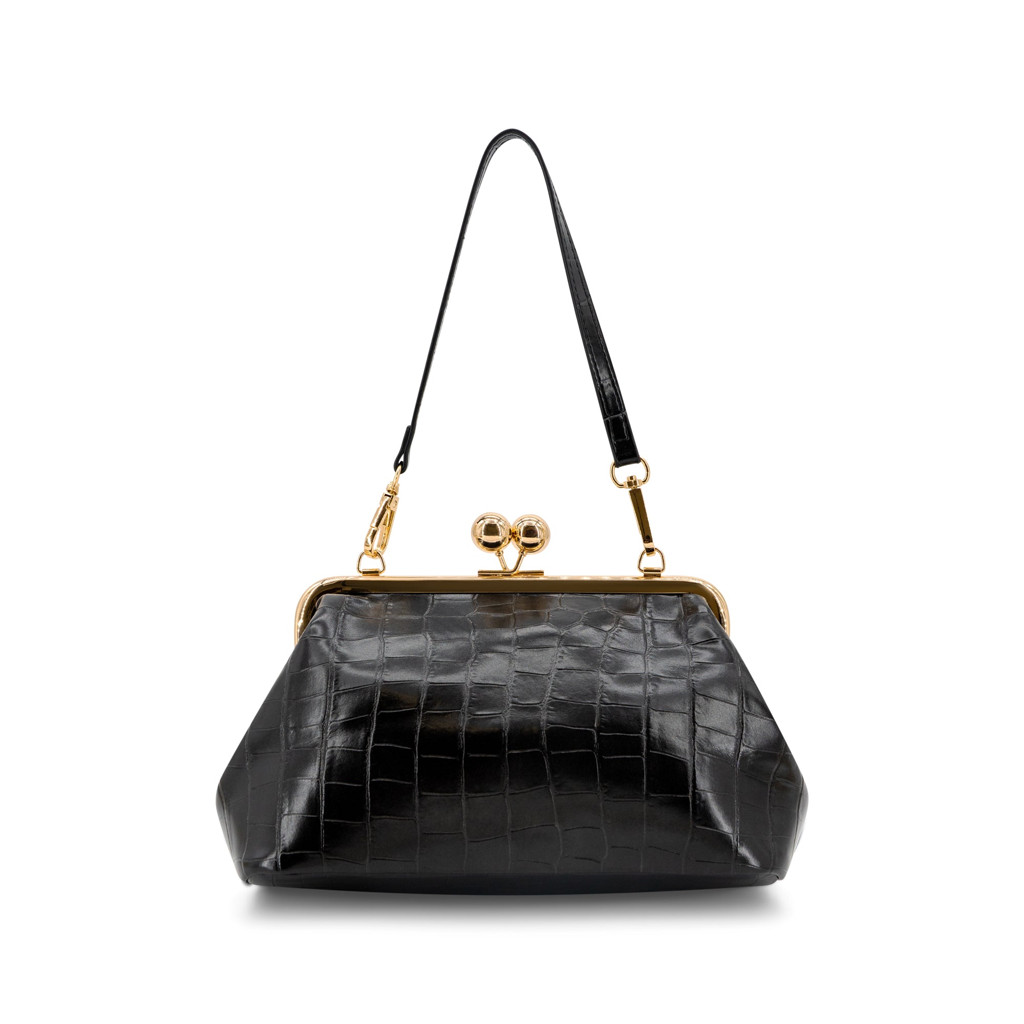 A black crocodile-embossed leather handbag with a gold-tone kiss-lock frame and shoulder strap, shown against a plain white background.