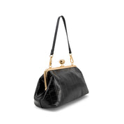 A black crocodile-embossed leather clutch handbag with a gold-tone kiss-lock frame and shoulder strap, shown from a three-quarters angle on a white background.