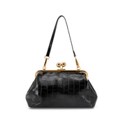 A black crocodile-embossed leather handbag with a gold-tone kiss-lock frame and shoulder strap, shown against a plain white background.