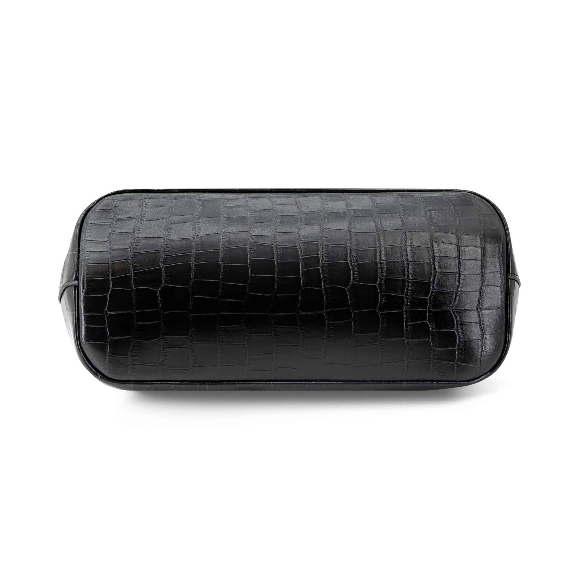 A black faux-crocodile leather cosmetic pouch with a rounded rectangular shape, shown from a top-down view on a white background.
