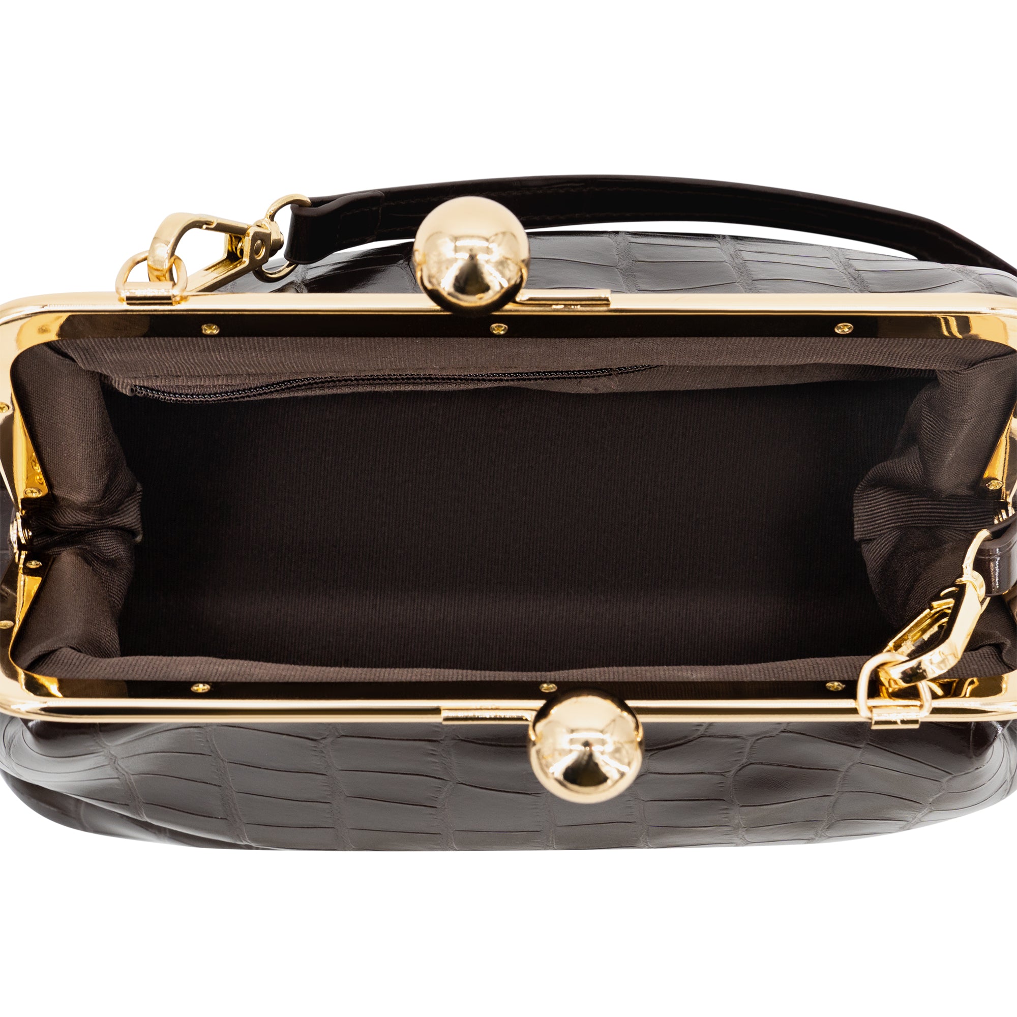 Top-down view of a black crocodile-embossed handbag with a gold-tone kiss-lock frame and black satin lining, shown on a white background.