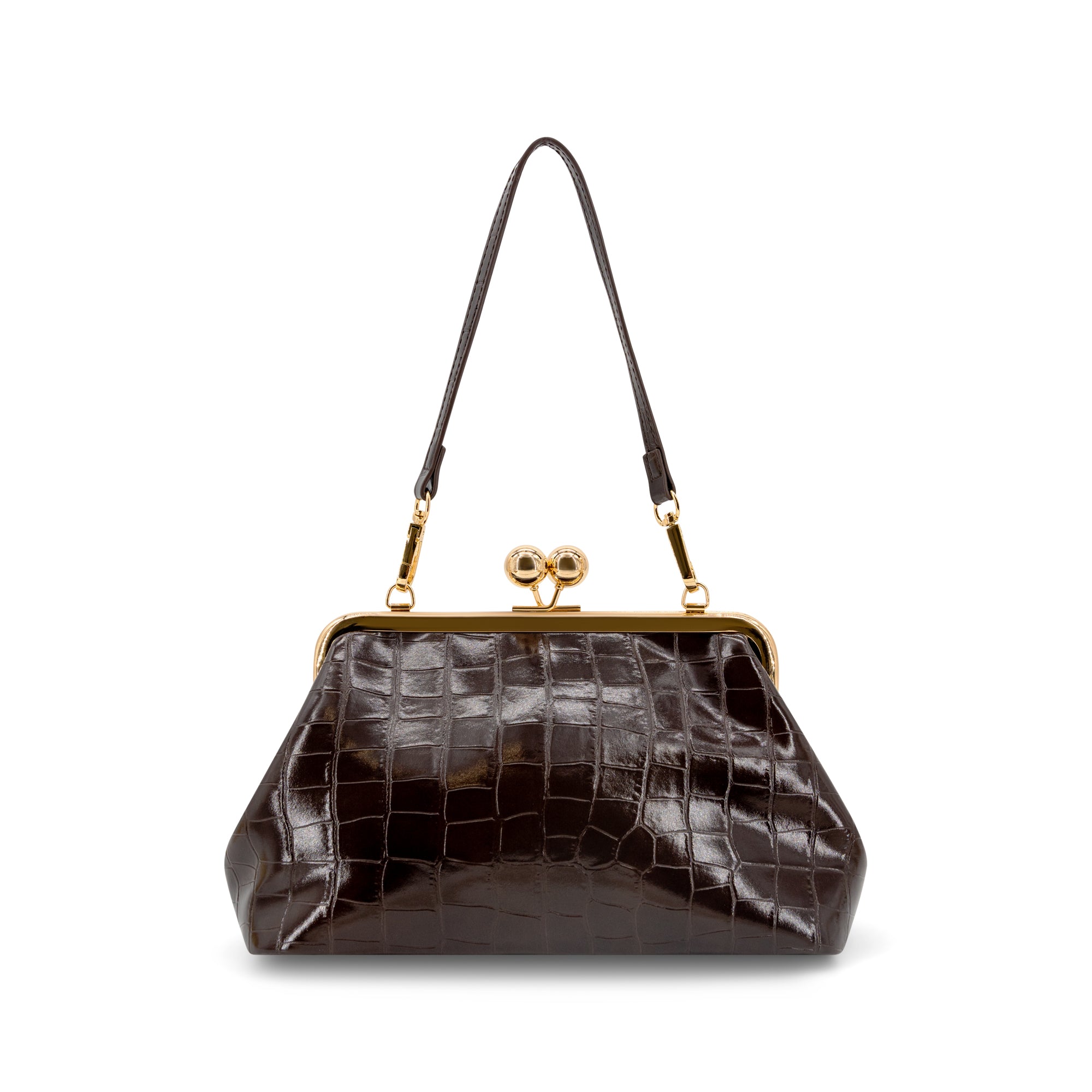 A CHOCOLATE BROWN crocodile-embossed leather handbag with a gold-tone kiss-lock frame and shoulder strap, shown against a plain white background.