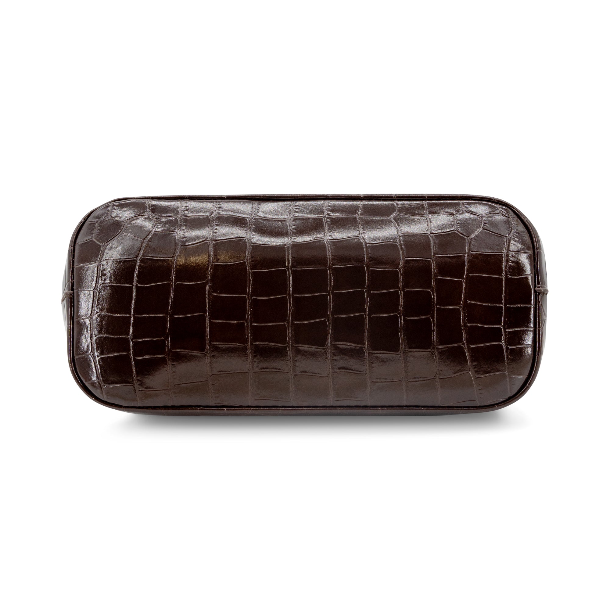 A CHOCOLATE BROWN faux-crocodile leather cosmetic pouch with a glossy finish, shown from a top-down view on a white background.