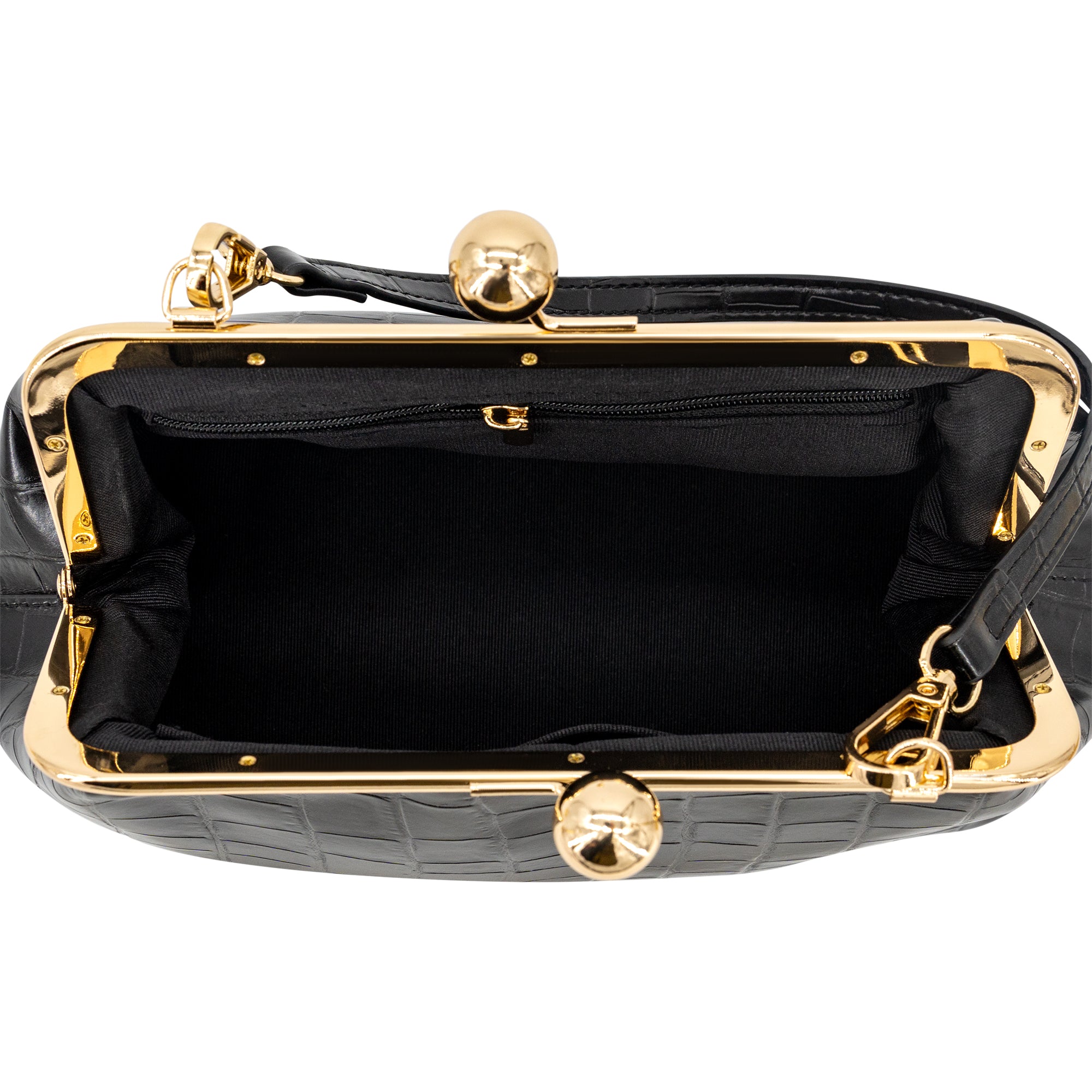 Black crocodile-embossed kiss-lock handbag with gold-tone metal frame and a black interior zippered pocket, shown from a top-down view on a white background.