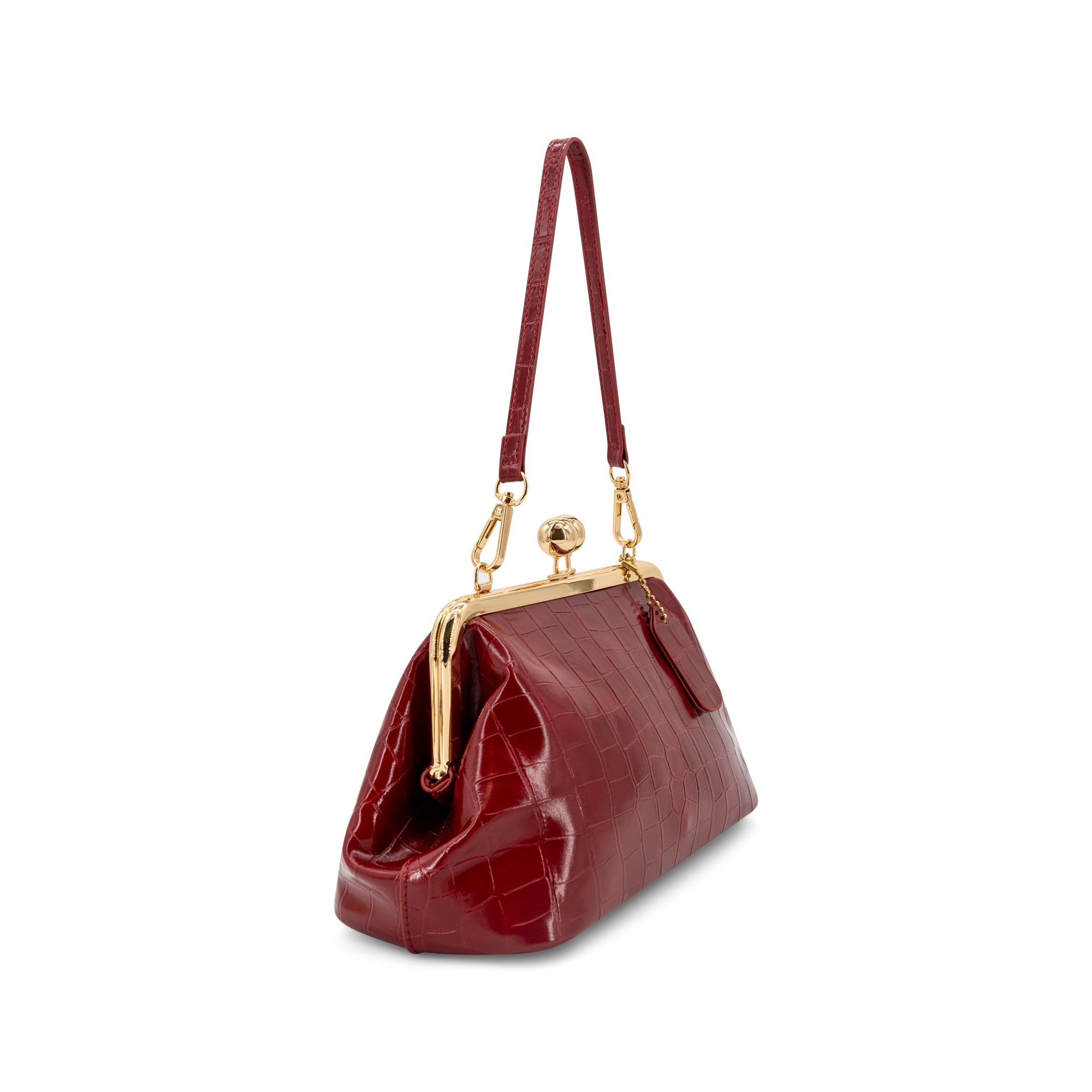 A Wine crocodile-embossed leather shoulder bag with gold-tone hardware and a kiss-lock frame, shown on a plain white background.
