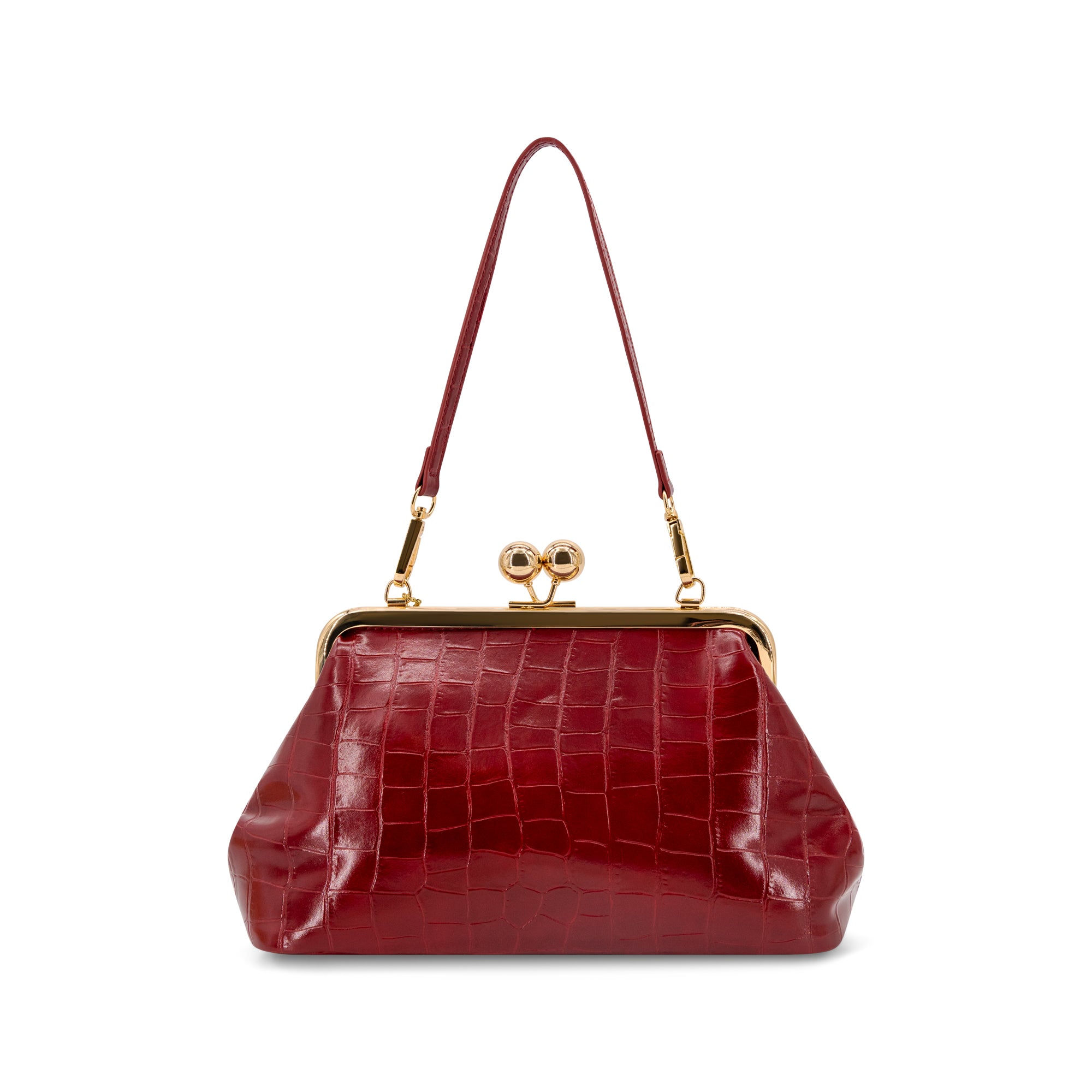 A Wine crocodile-embossed leather handbag with a gold-tone kiss-lock frame and a single shoulder strap, shown on a plain white background.