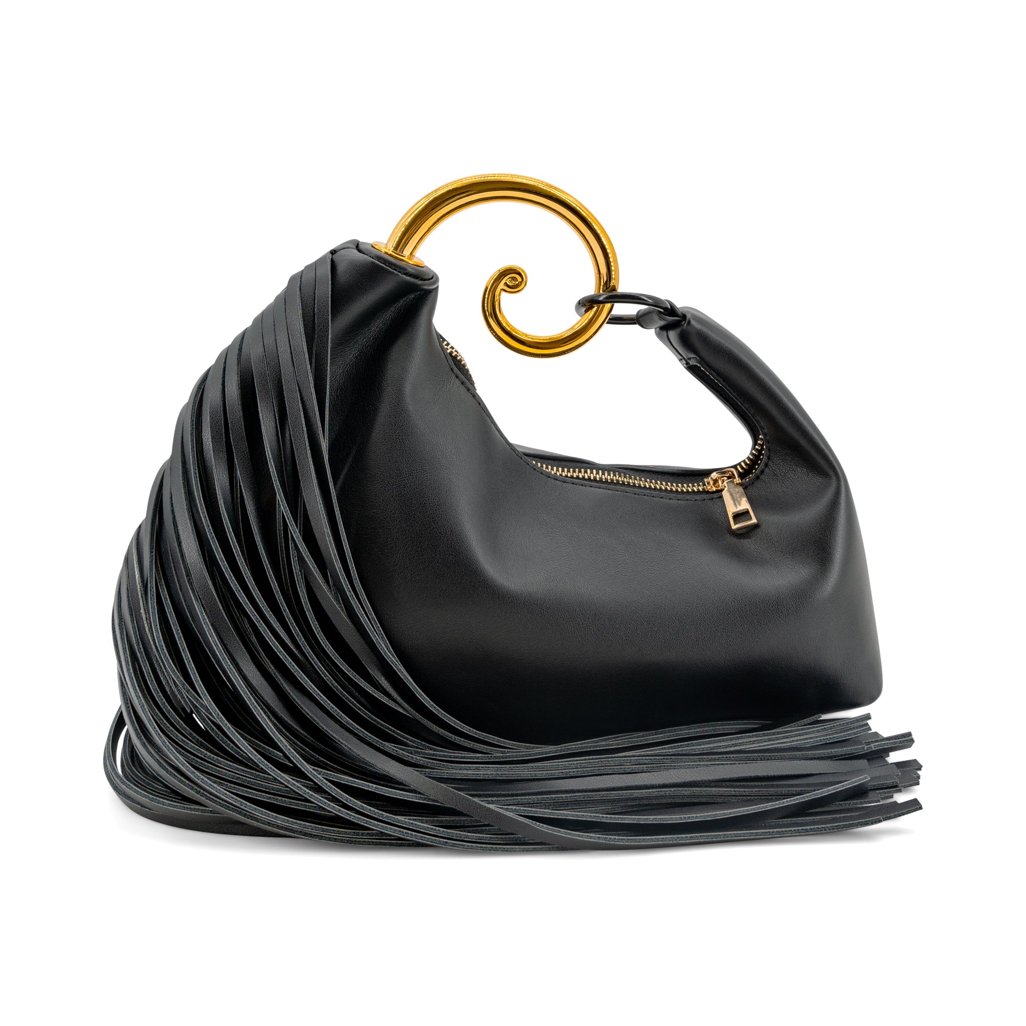 A black leather slouchy shoulder bag with a distinctive gold spiral handle and a gold zipper, set against a plain white background.