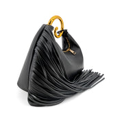 A black pleated leather shoulder bag with a distinctive gold-tone ring handle and a gold zipper pull, shown on a clean white background.