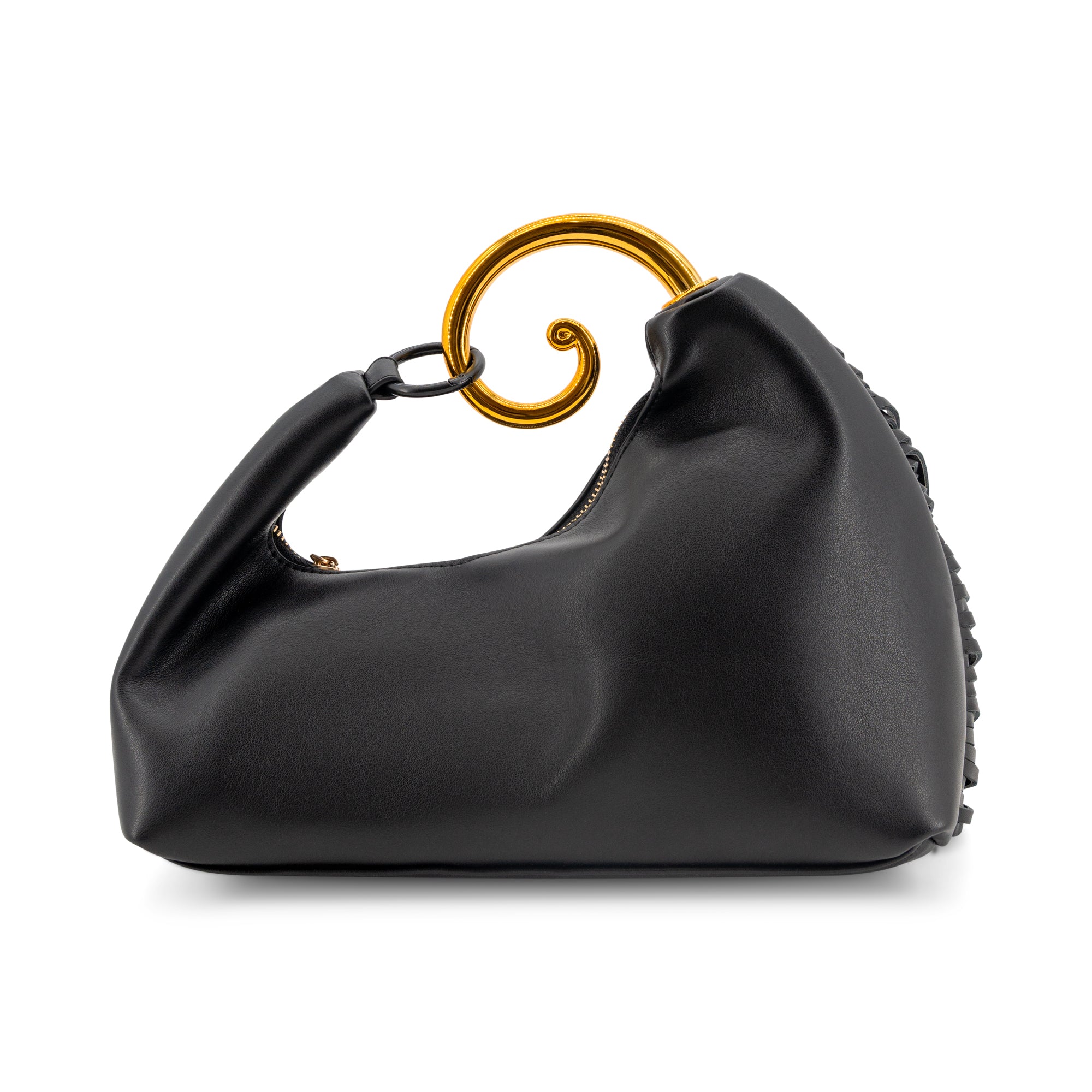 A black leather slouchy shoulder bag with a distinctive gold spiral handle, shown against a plain white background.