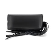 A black leather clutch bag with a rectangular body and a long fringe tassel detail, shown on a plain white background.