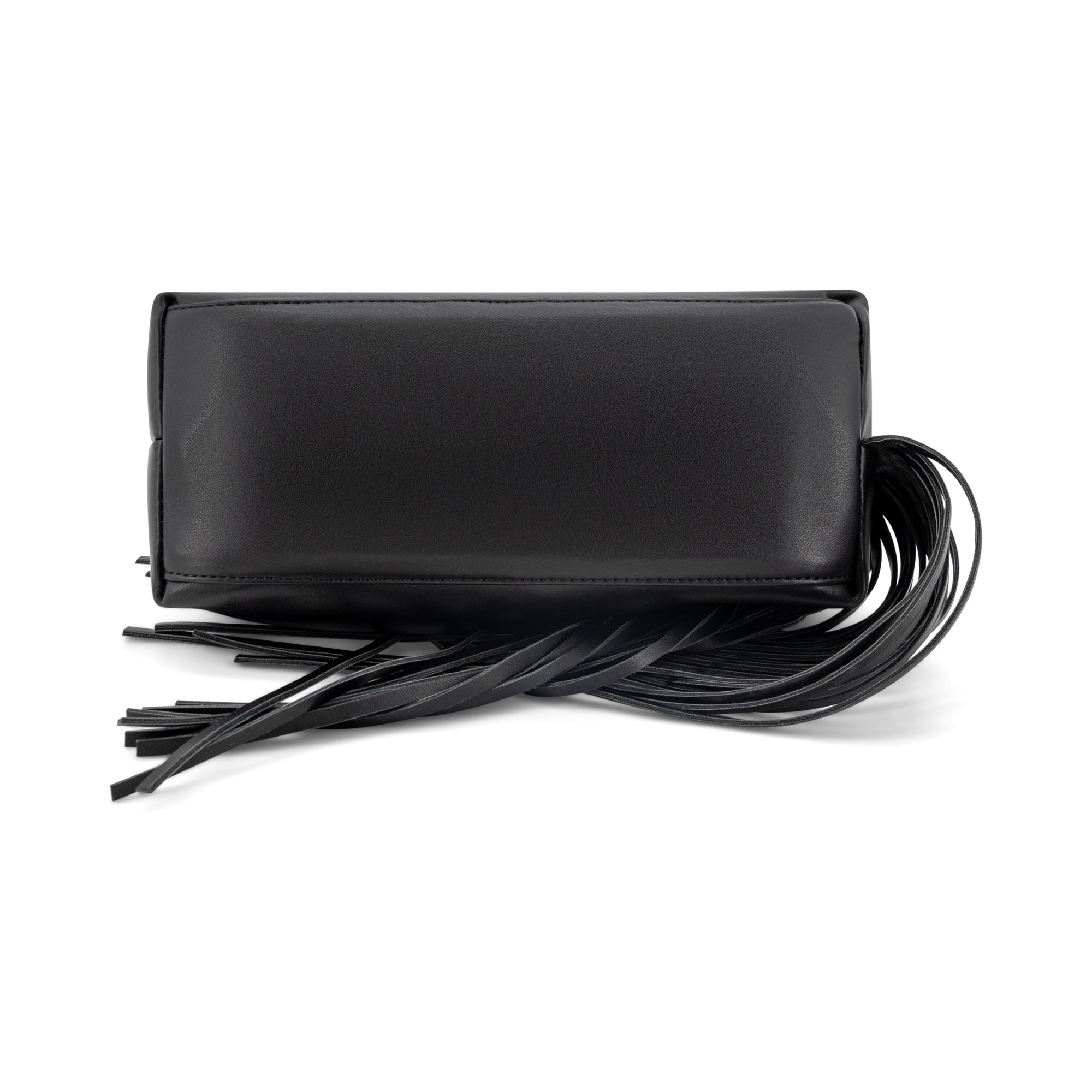 A black leather clutch bag with a rectangular body and a long fringe tassel detail, shown on a plain white background.