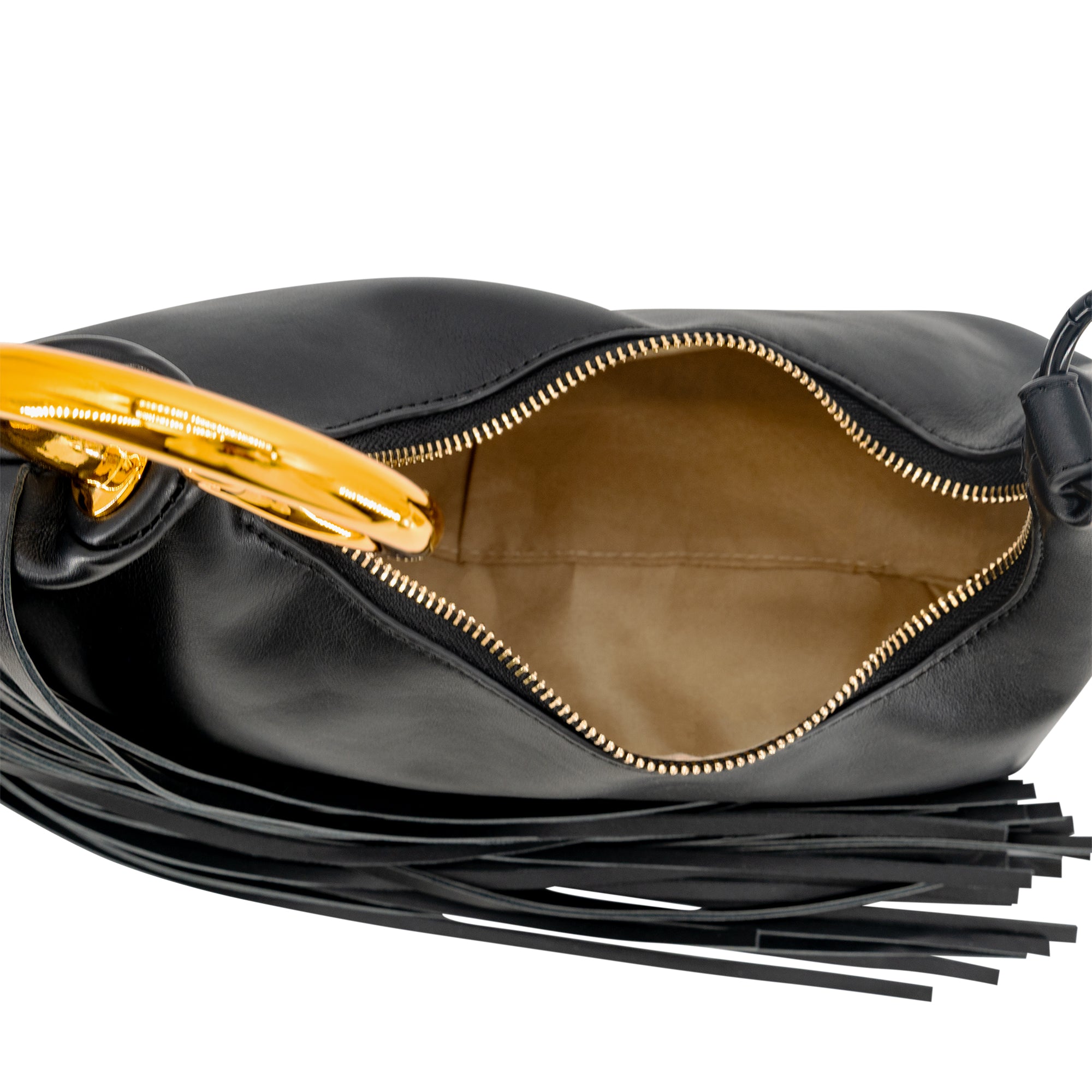 A close-up of a black leather shoulder bag with a gold-tone ring handle, shown open to reveal a tan interior lining and a long black leather fringe detail.