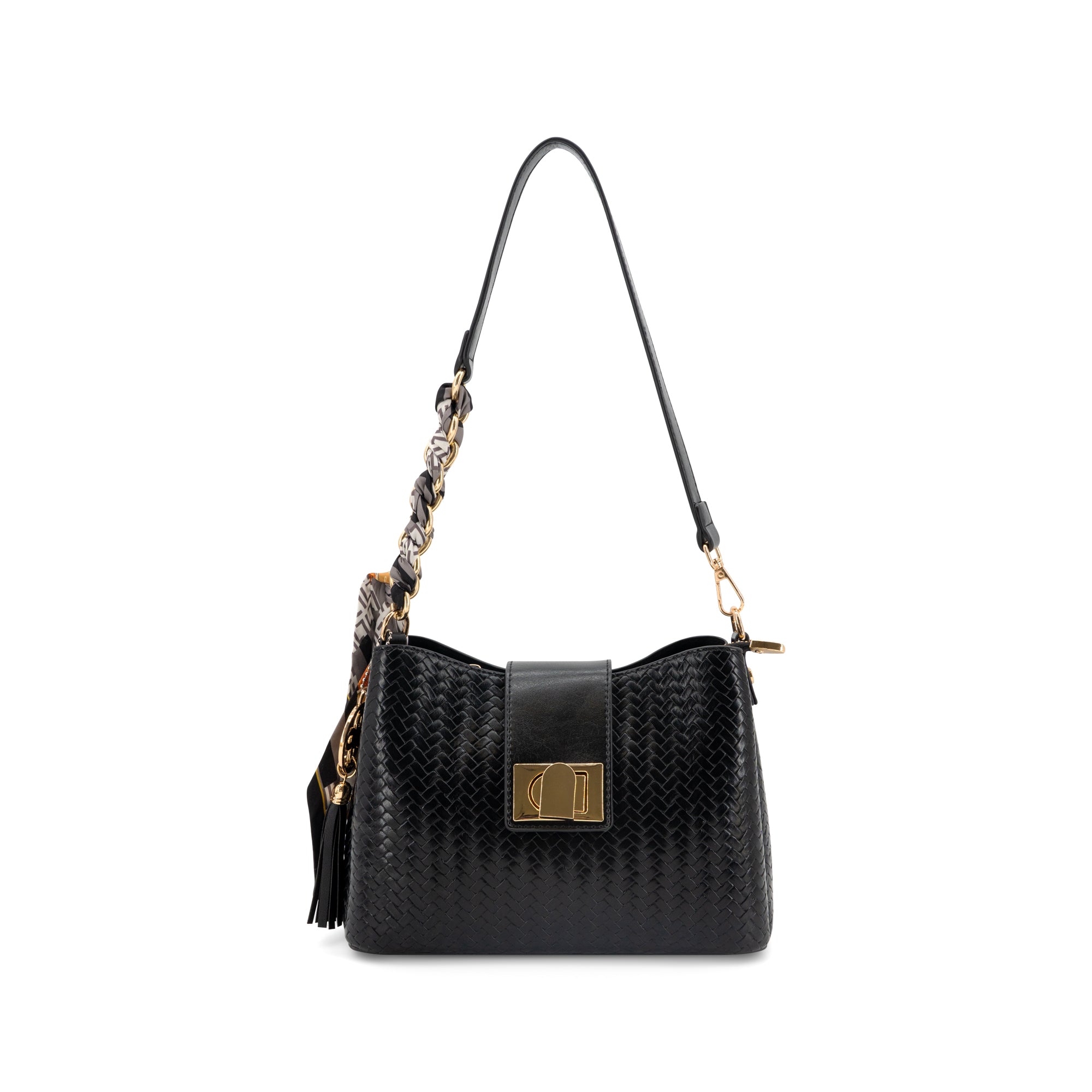 A black woven leather shoulder bag with a gold-tone metal clasp and a decorative chain-and-tassel strap, shown against a plain white background.