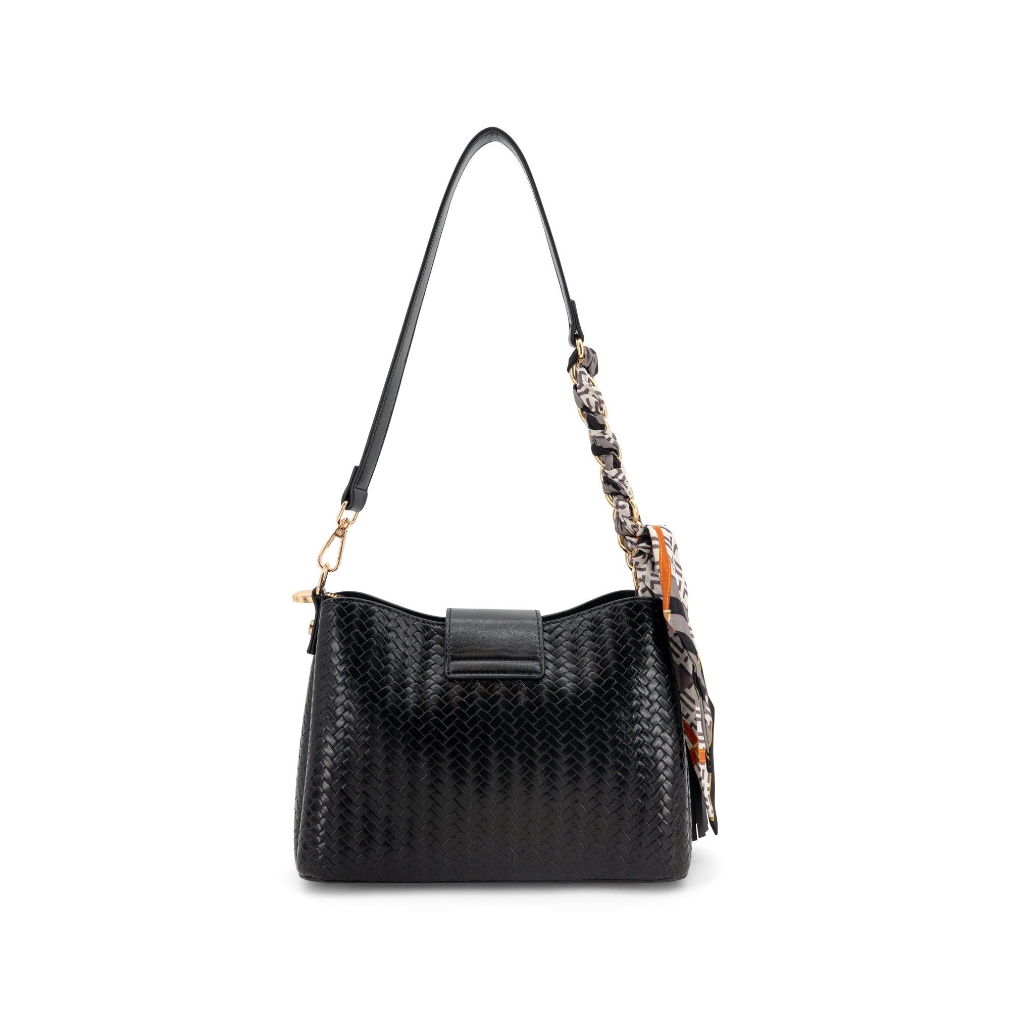 A black woven leather shoulder bag with a long strap featuring a patterned fabric accent and gold-tone hardware, shown against a plain white background.