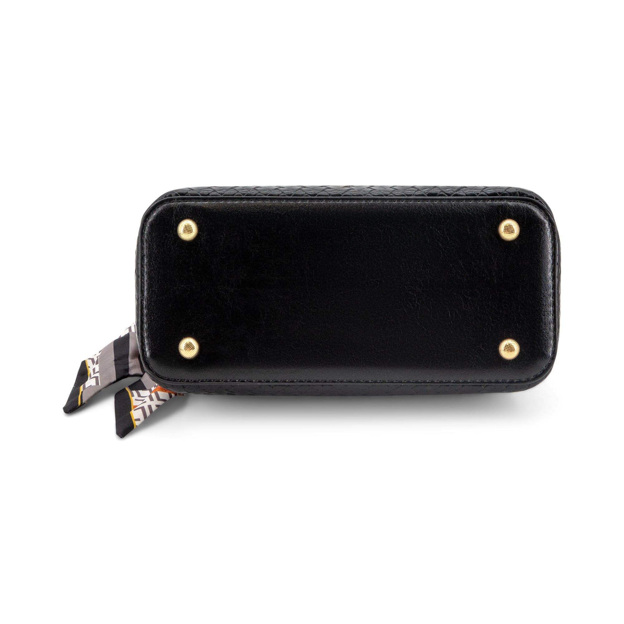 Black leather wallet or clutch with gold-tone metal studs and a small patterned scarf tied to the side, shown on a plain white background.