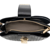 Black woven leather clutch bag with gold-tone hardware, shown open to reveal a gray interior lining and zippered compartments, on a white background.