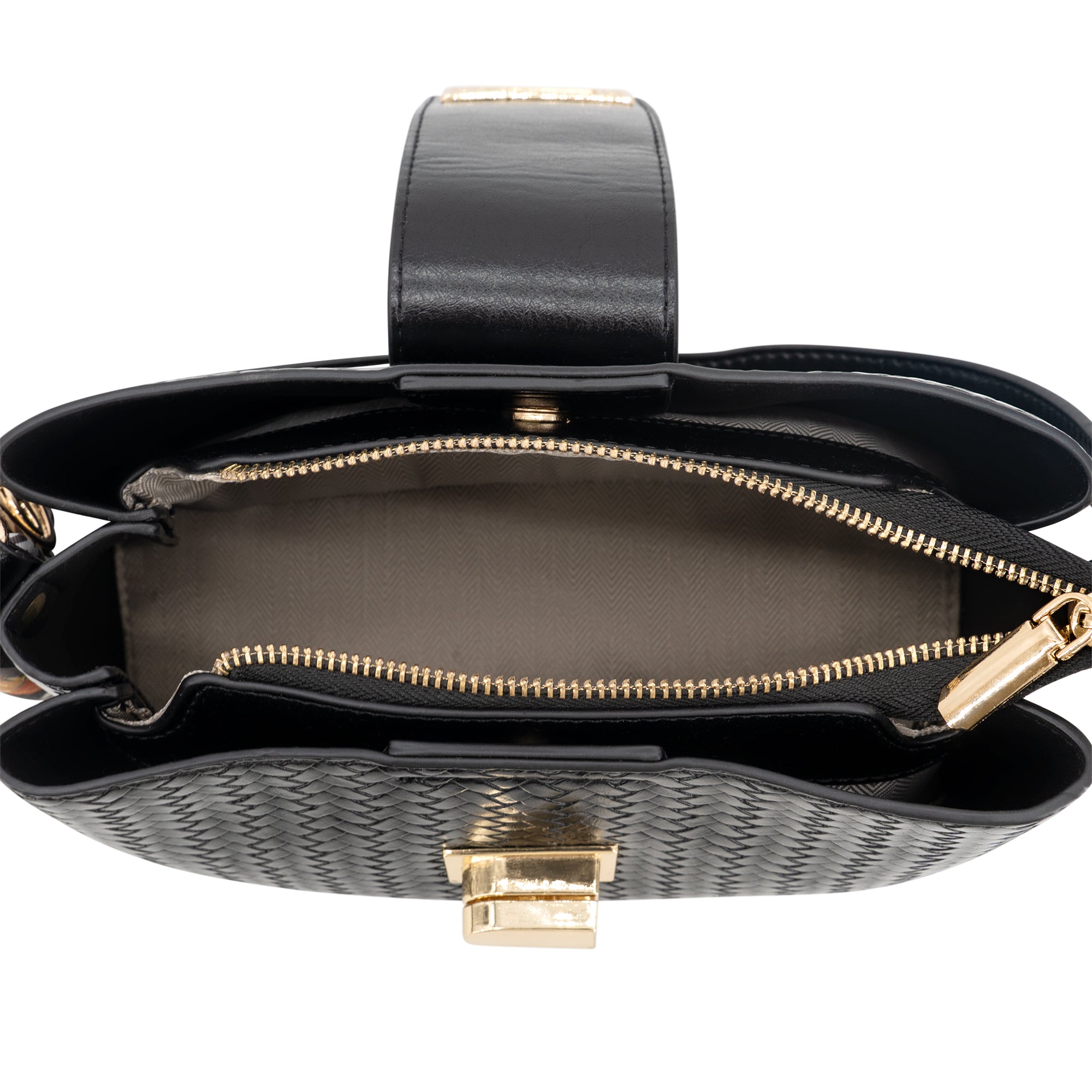 Black woven leather clutch bag with gold-tone hardware, shown open to reveal a gray interior lining and zippered compartments, on a white background.