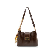 A dark brown woven leather shoulder bag with a gold-tone metal clasp and a gold chain detail on the strap, shown against a plain white background.