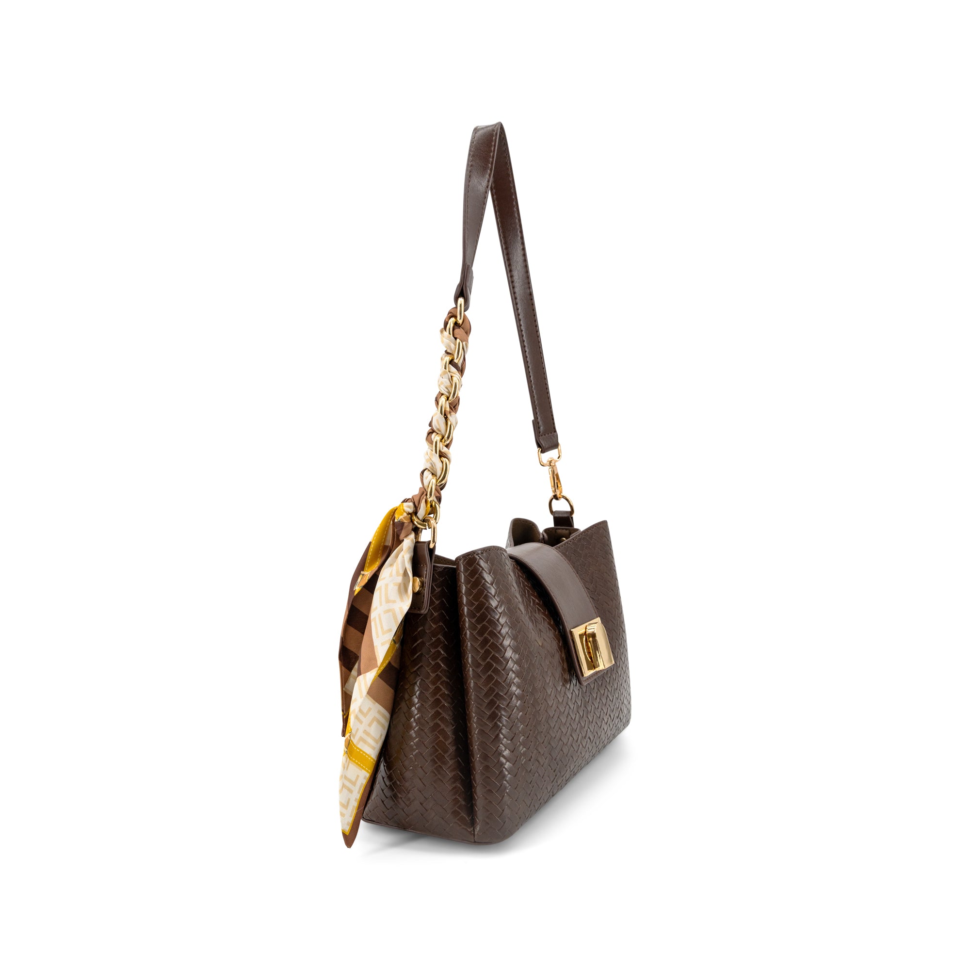 A dark brown textured leather shoulder bag with a gold chain strap and a patterned scarf accessory, shown on a plain white background.