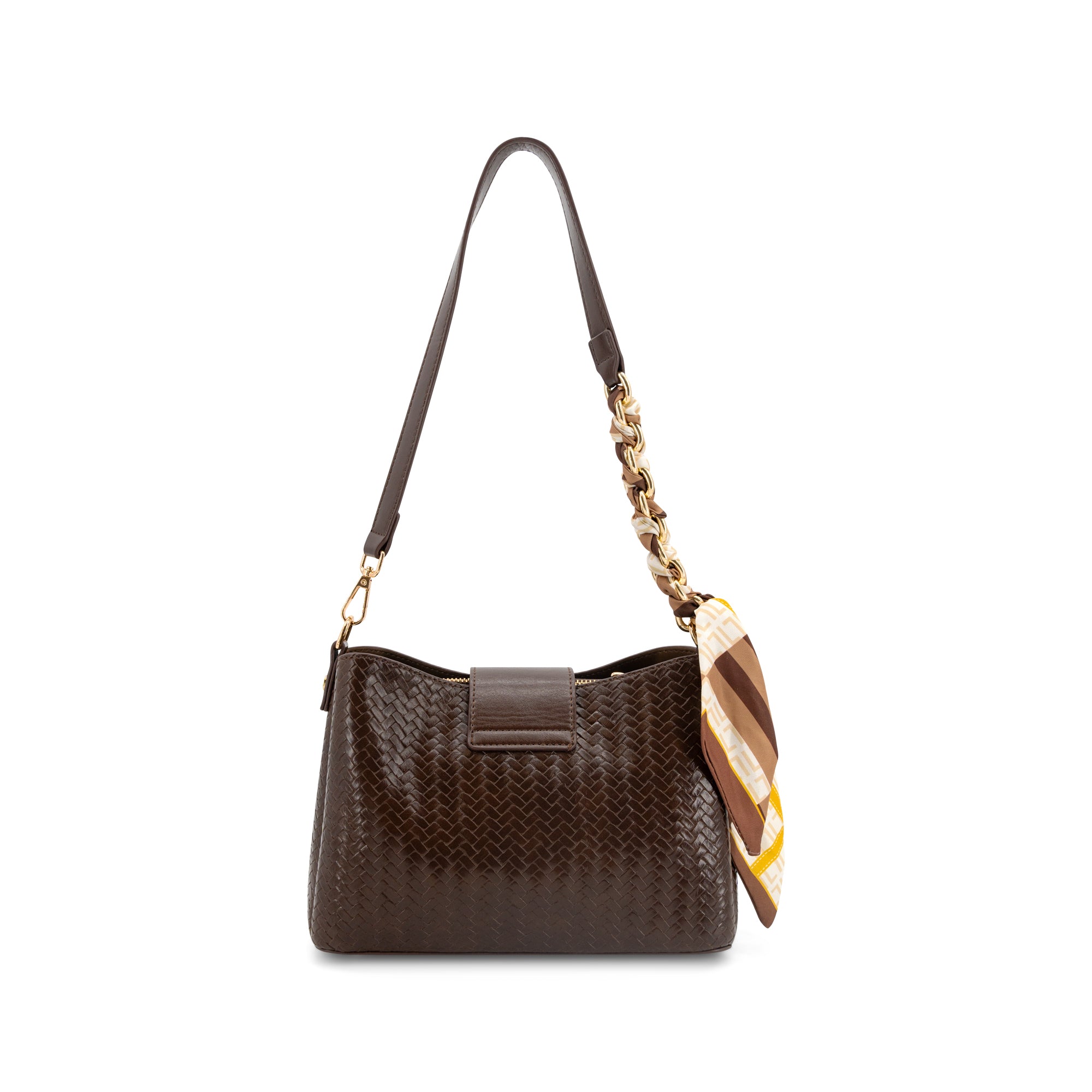 A dark brown woven leather shoulder bag with a gold chain detail and a patterned brown, beige, and yellow scarf, shown on a plain white background.