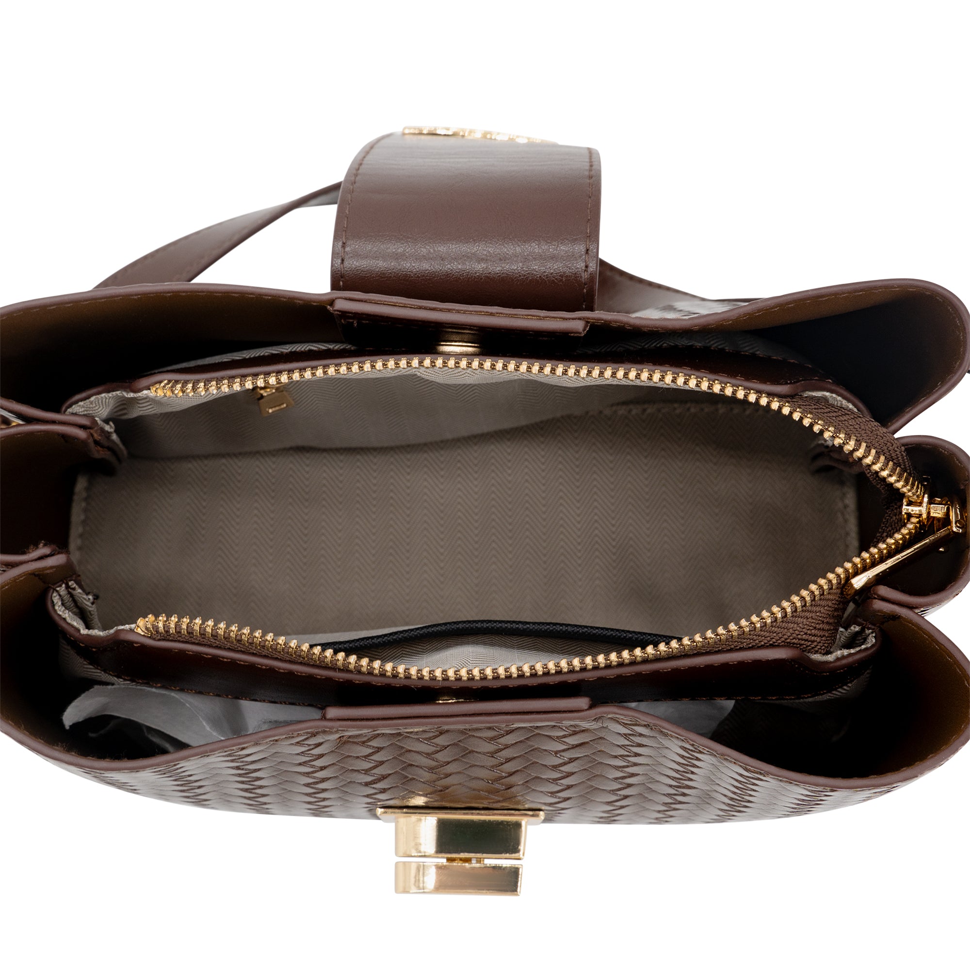 A close-up top-down view of a brown woven leather handbag, showing its interior compartments with gold-tone zippers and a gold clasp, set against a plain white background.