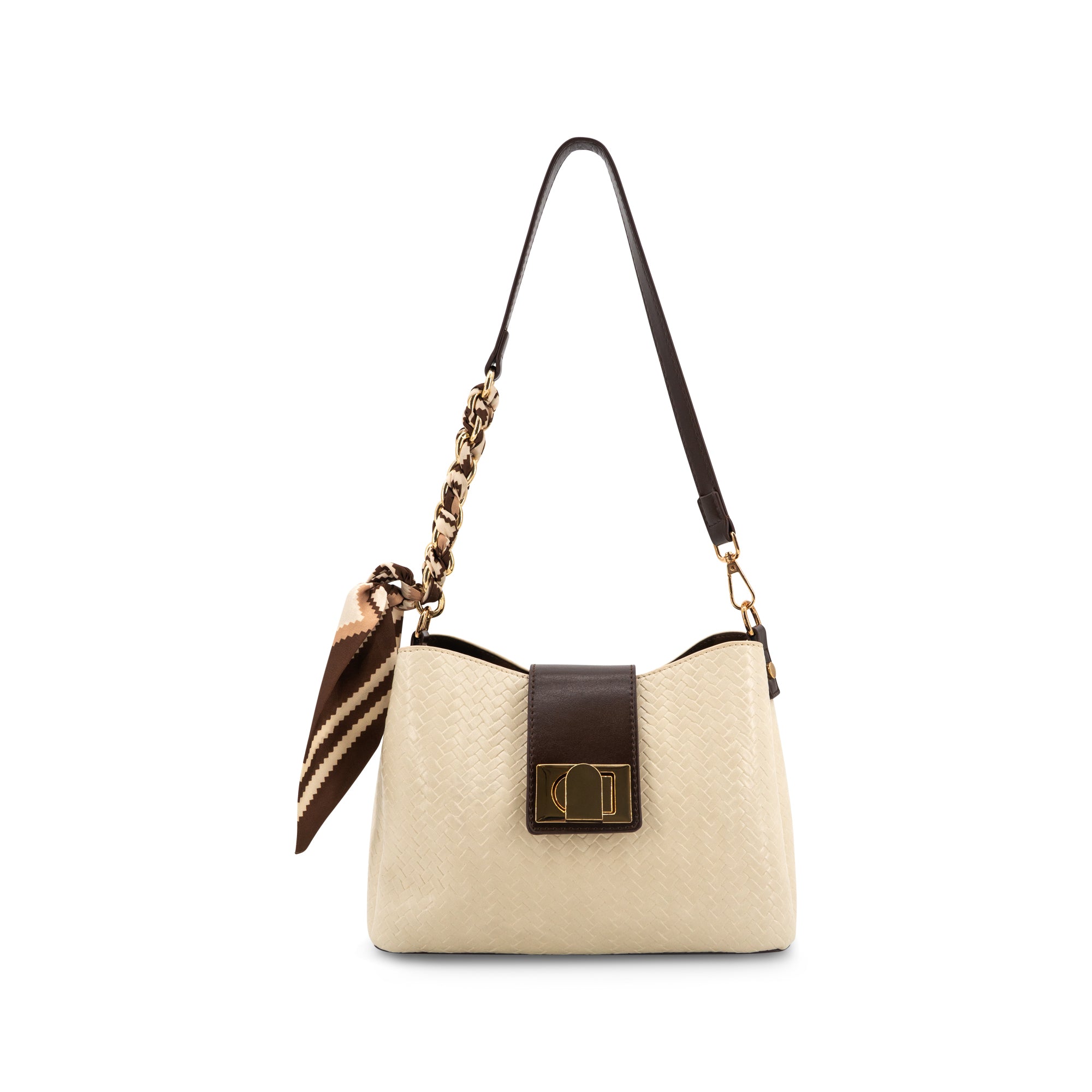 A Ivory woven leather shoulder bag with dark brown leather trim, a gold-tone chain strap, and a matching brown and beige striped fabric charm, shown against a plain white background.