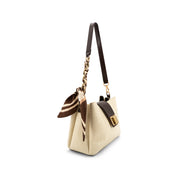 A structured shoulder bag in textured Ivory leather with dark brown trim, a brown and beige striped silk scarf accent, and a gold-tone chain detail on the strap, shown against a plain white background.