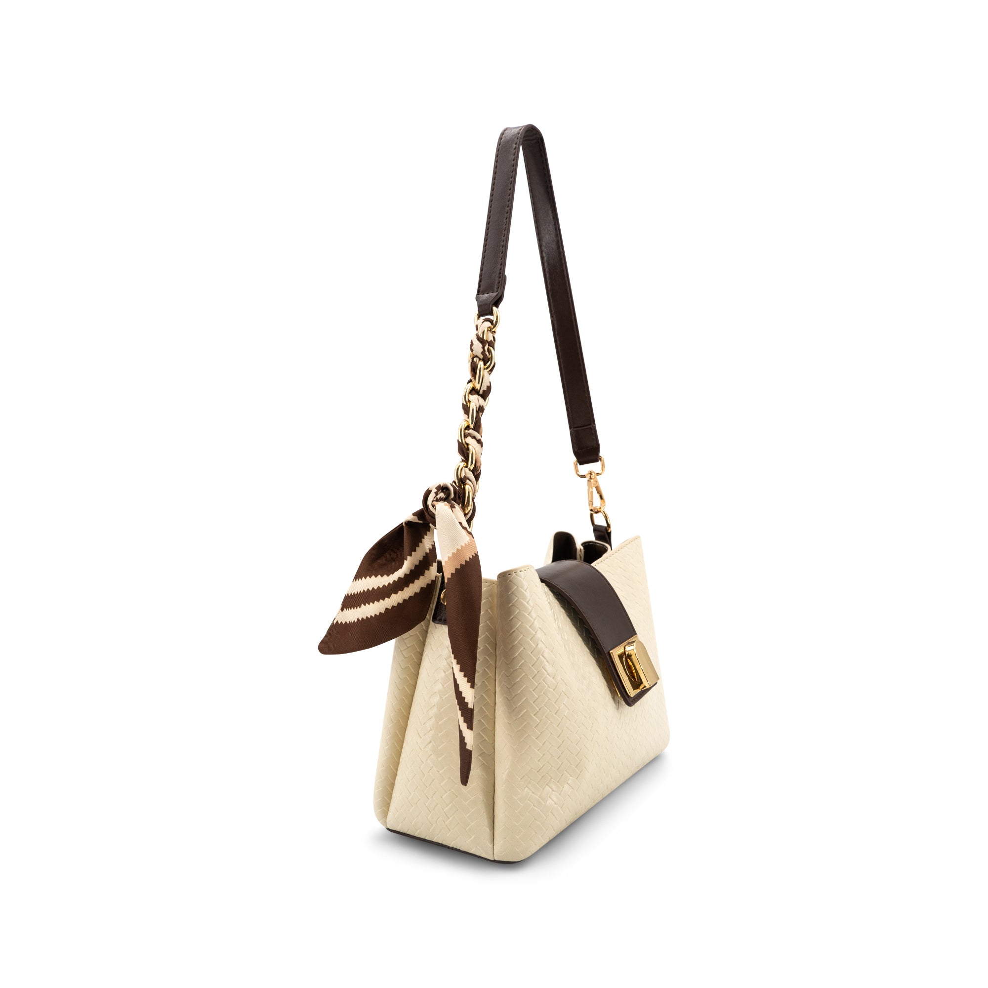 A structured shoulder bag in textured Ivory leather with dark brown trim, a brown and beige striped silk scarf accent, and a gold-tone chain detail on the strap, shown against a plain white background.