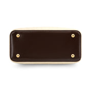 Top-down view of a dark brown leather rectangular base or footplate with four gold-tone rivets and a light beige border, shown on a white background.