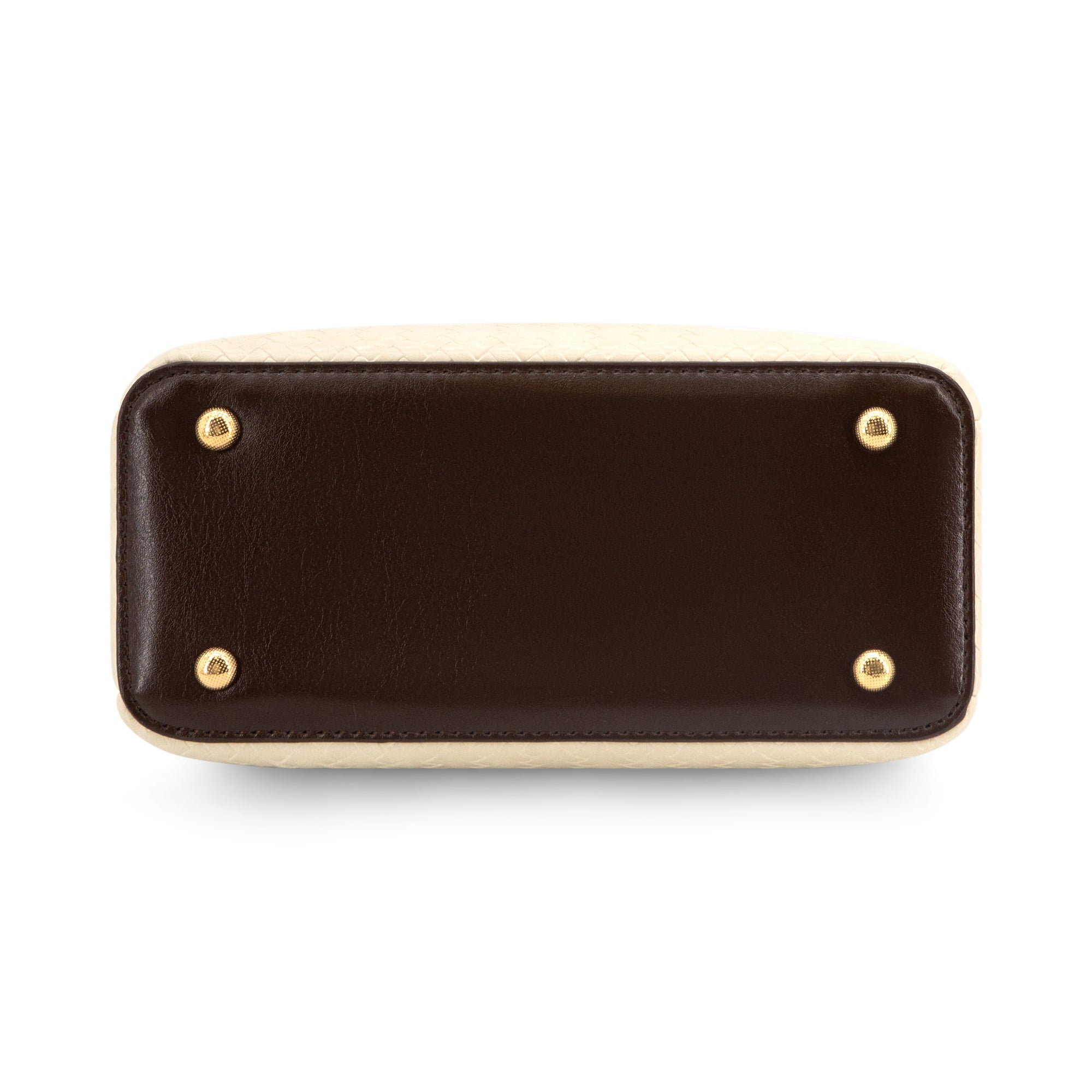 Top-down view of a dark brown leather rectangular base or footplate with four gold-tone rivets and a light beige border, shown on a white background.