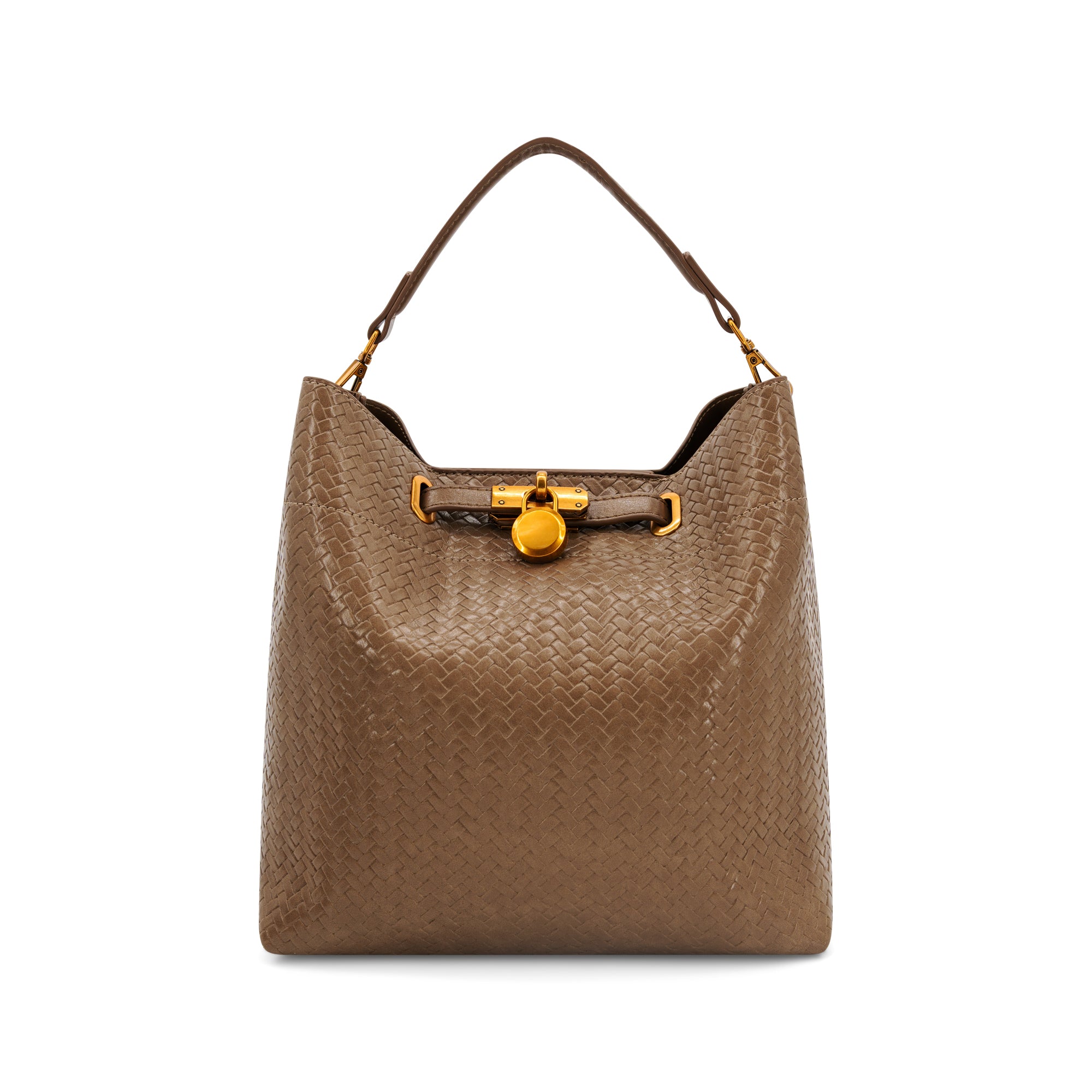 A brown textured leather handbag with a gold-tone turn-lock clasp and top handle, shown against a plain white background.