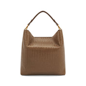 A brown textured leather shoulder bag with a top handle and gold-tone hardware, shown against a plain white background.
