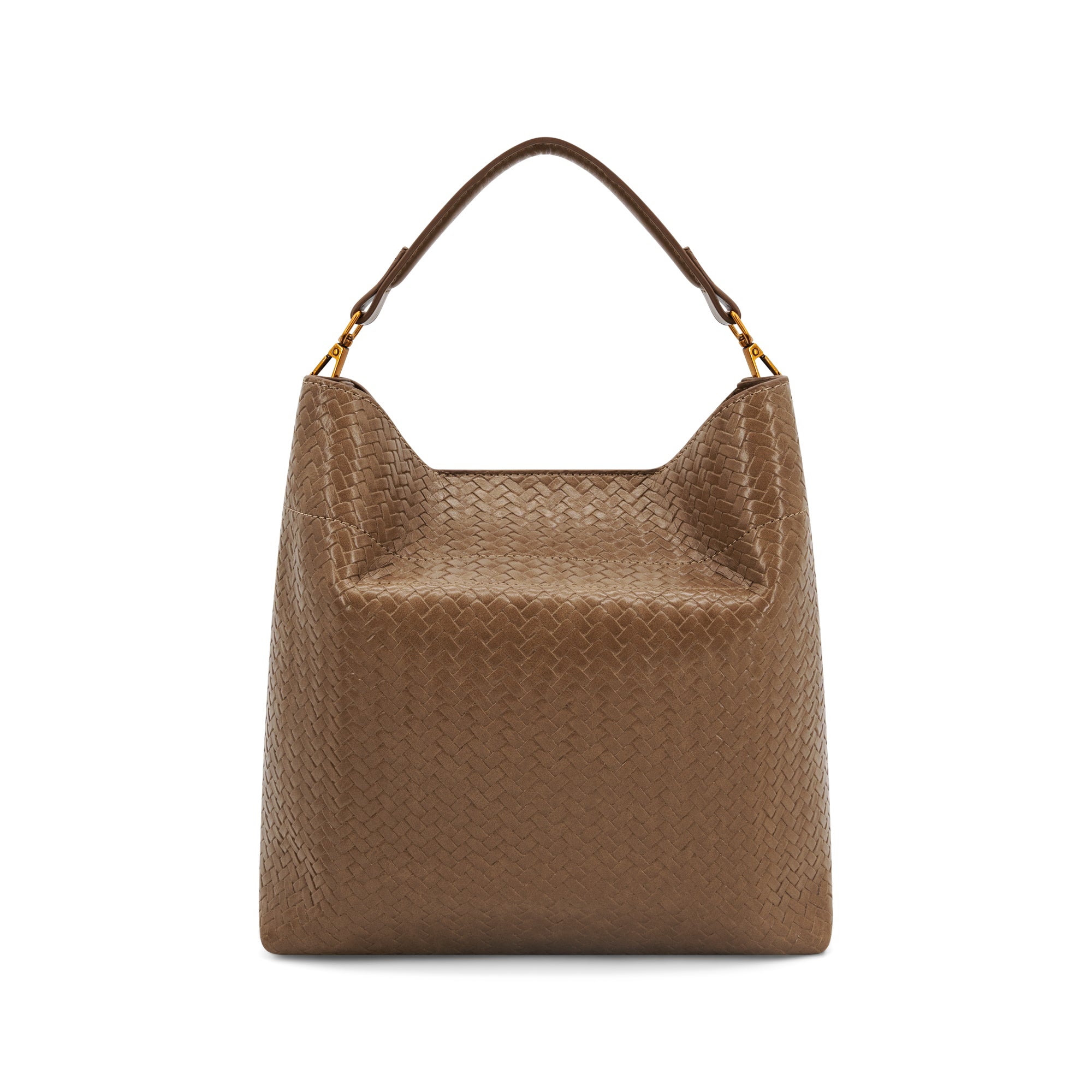 A brown textured leather shoulder bag with a top handle and gold-tone hardware, shown against a plain white background.