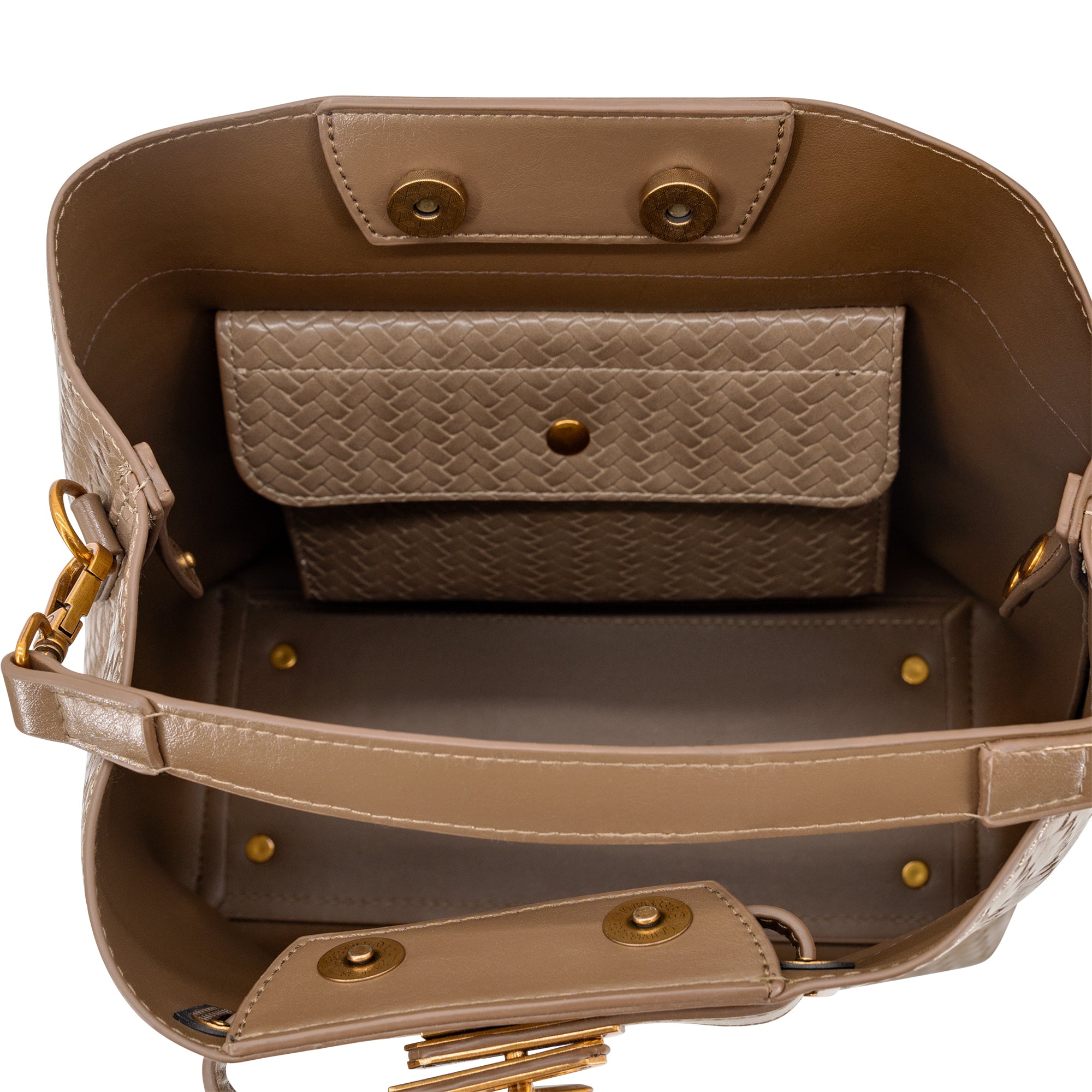 The interior of a taupe leather handbag shown from above, featuring a matching woven zippered pouch, gold-tone hardware, and a structured base.