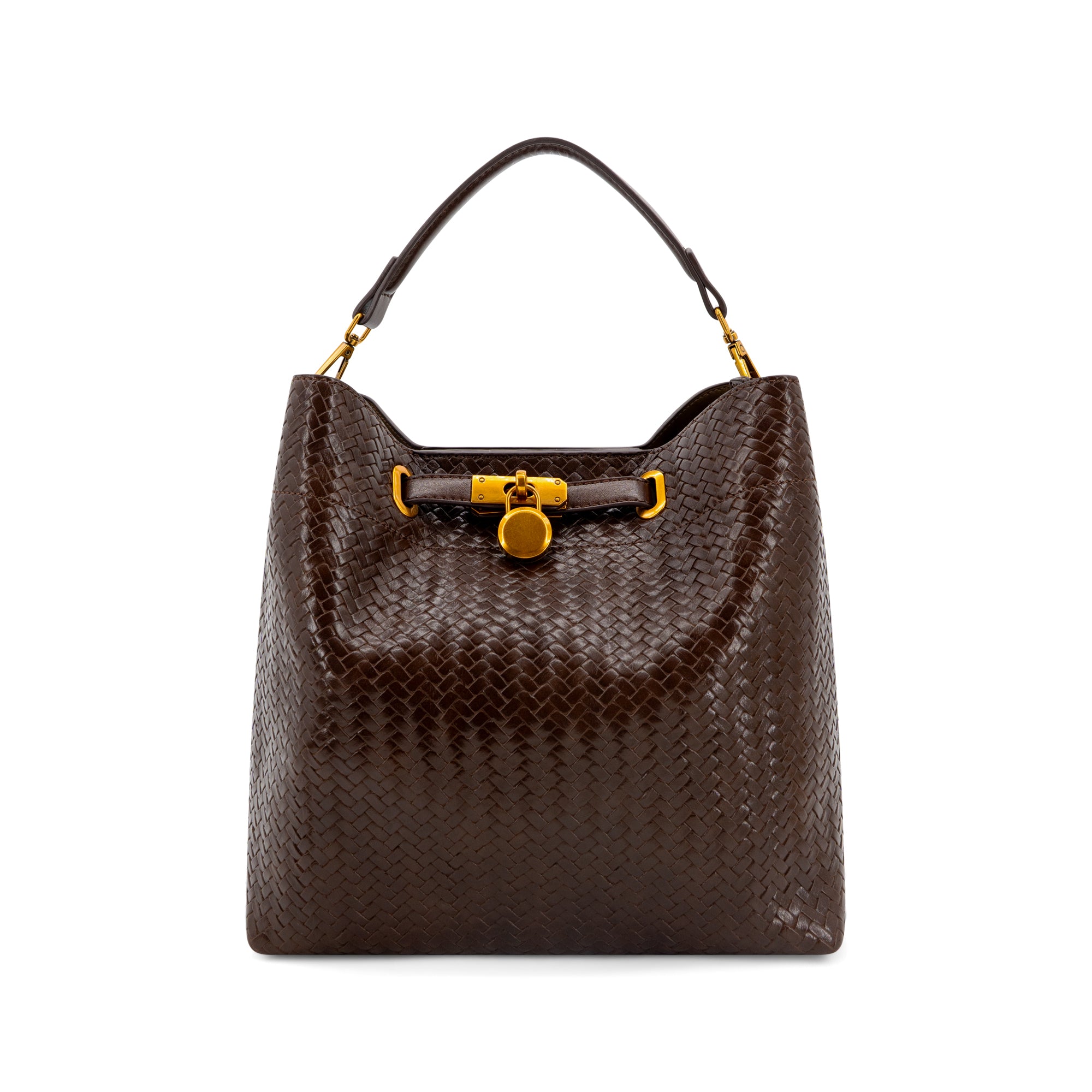 A dark brown woven leather handbag with a top handle and gold-tone hardware, shown against a plain white background.