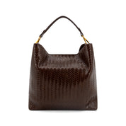 A dark brown woven leather hobo handbag with a structured body, a single top handle, and gold-tone hardware, shown against a plain white background.