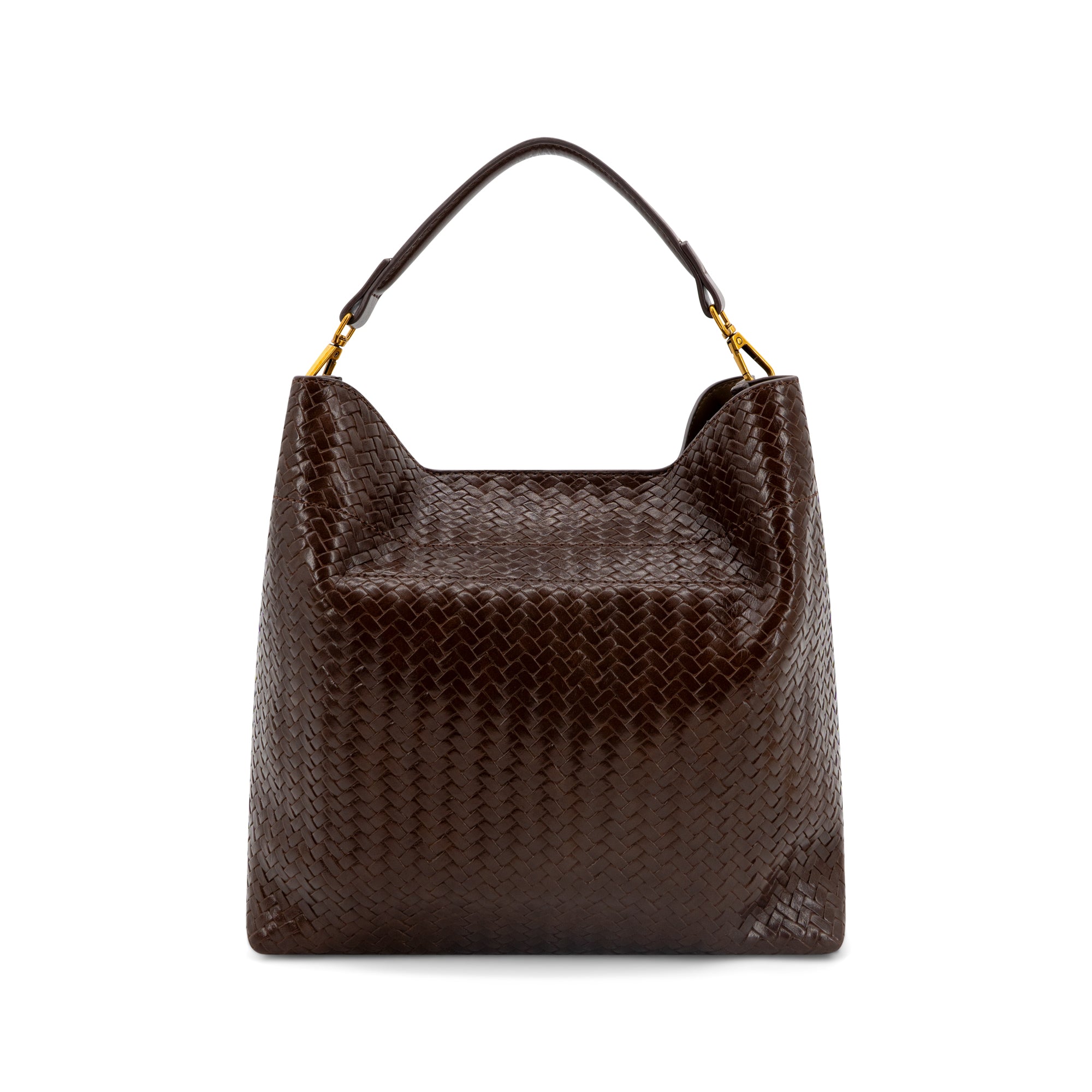 A dark brown woven leather hobo handbag with a structured body, a single top handle, and gold-tone hardware, shown against a plain white background.