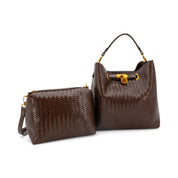 A dark brown woven leather handbag set featuring a large top-handle shoulder bag and a matching zippered pouch, both with gold-tone hardware, shown on a plain white background.
