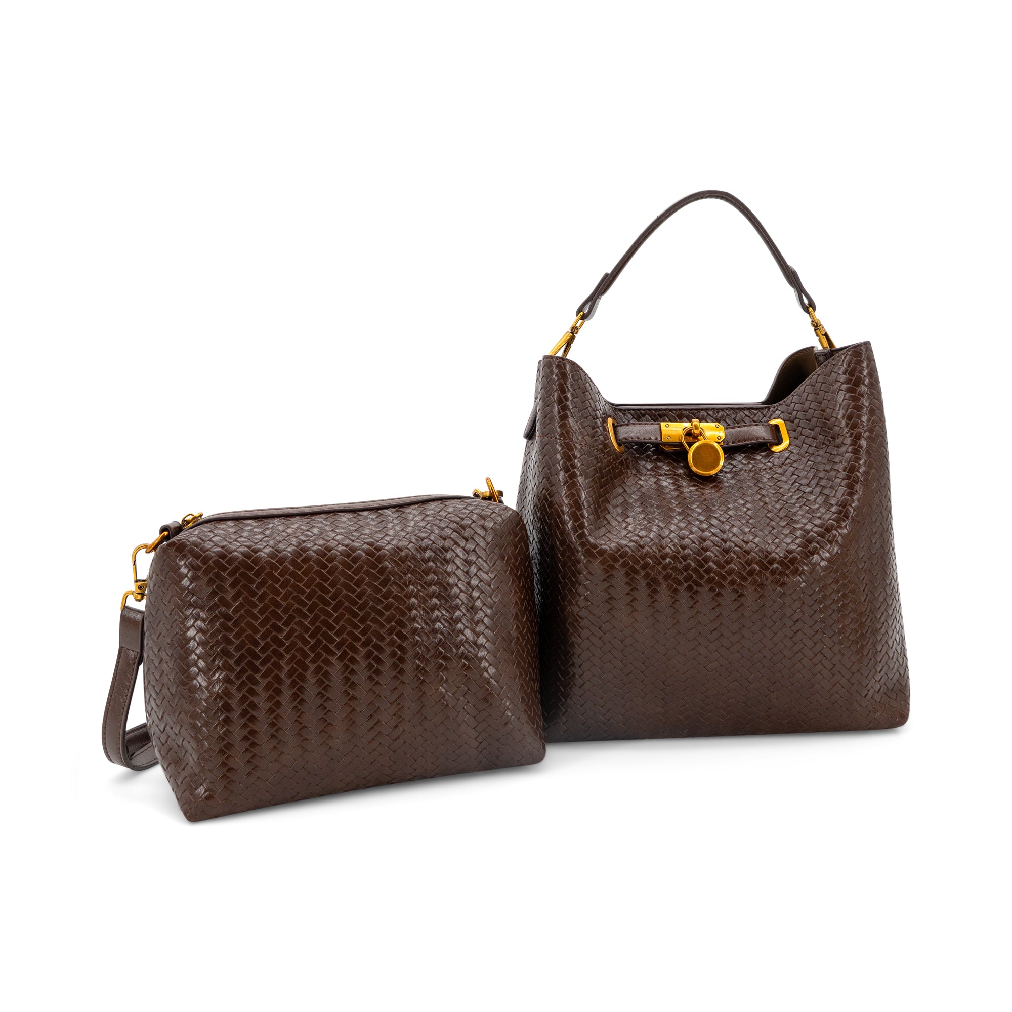 A dark brown woven leather handbag set featuring a large top-handle shoulder bag and a matching zippered pouch, both with gold-tone hardware, shown on a plain white background.