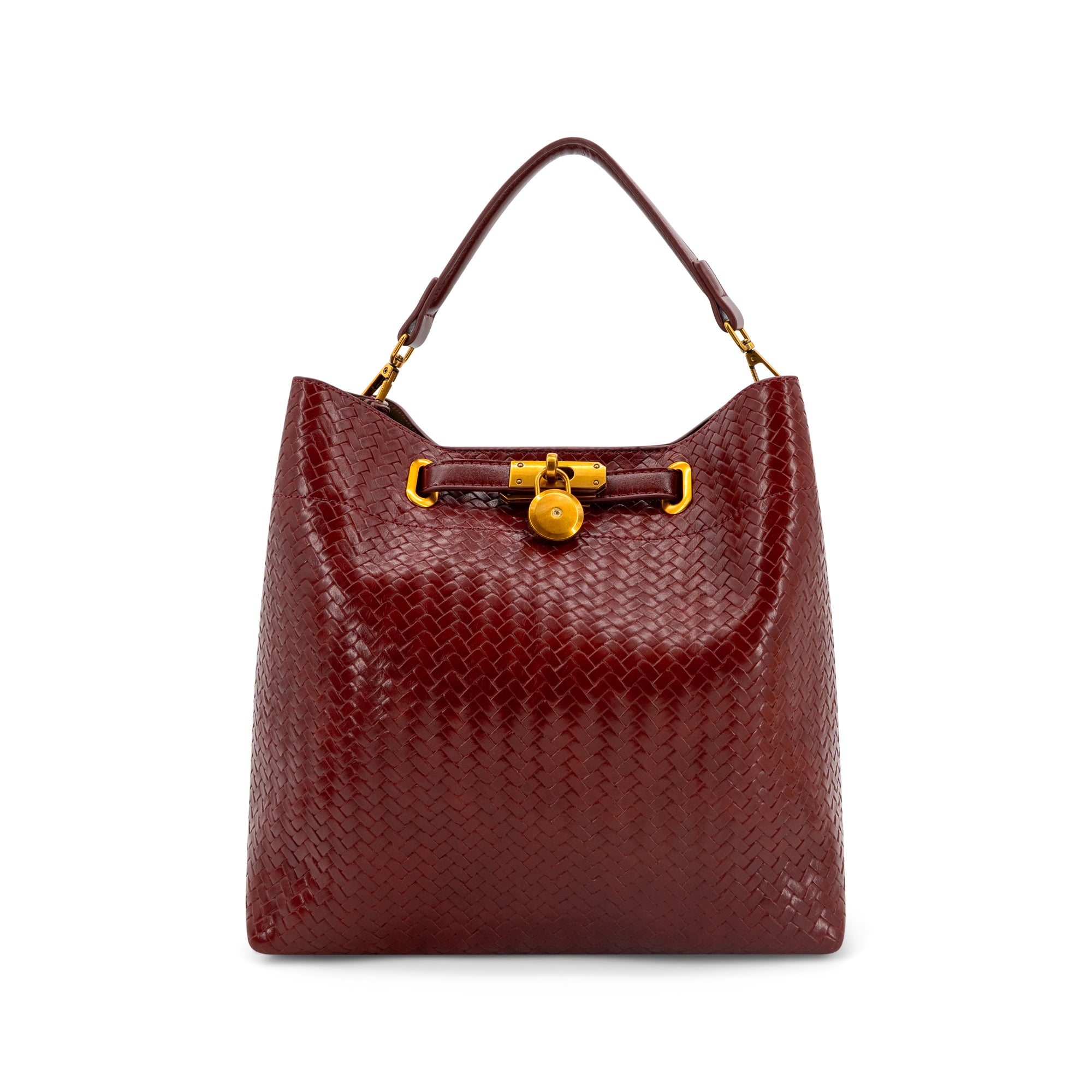 A Wine textured leather handbag with a gold clasp and top handle, shown against a plain white background.