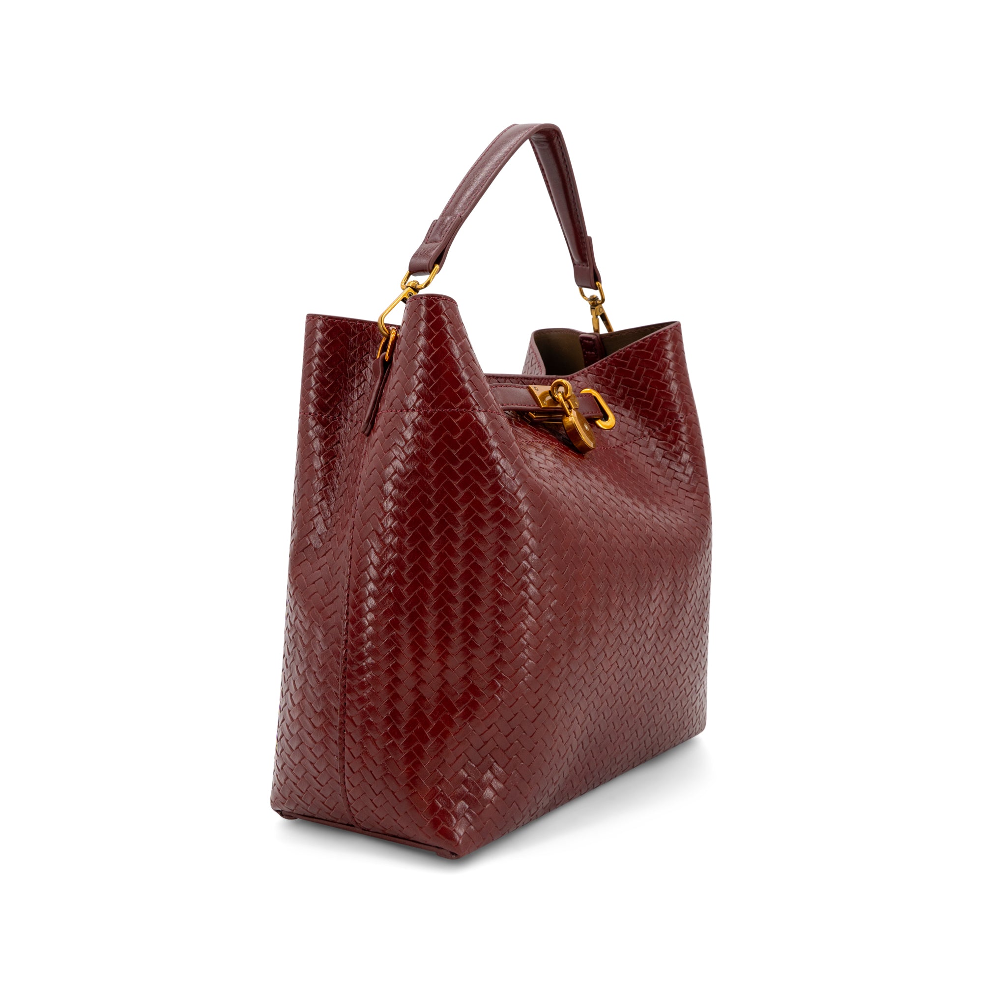 A Wine textured leather handbag with gold-tone hardware, featuring a top handle and a drawstring closure, shown against a plain white background.