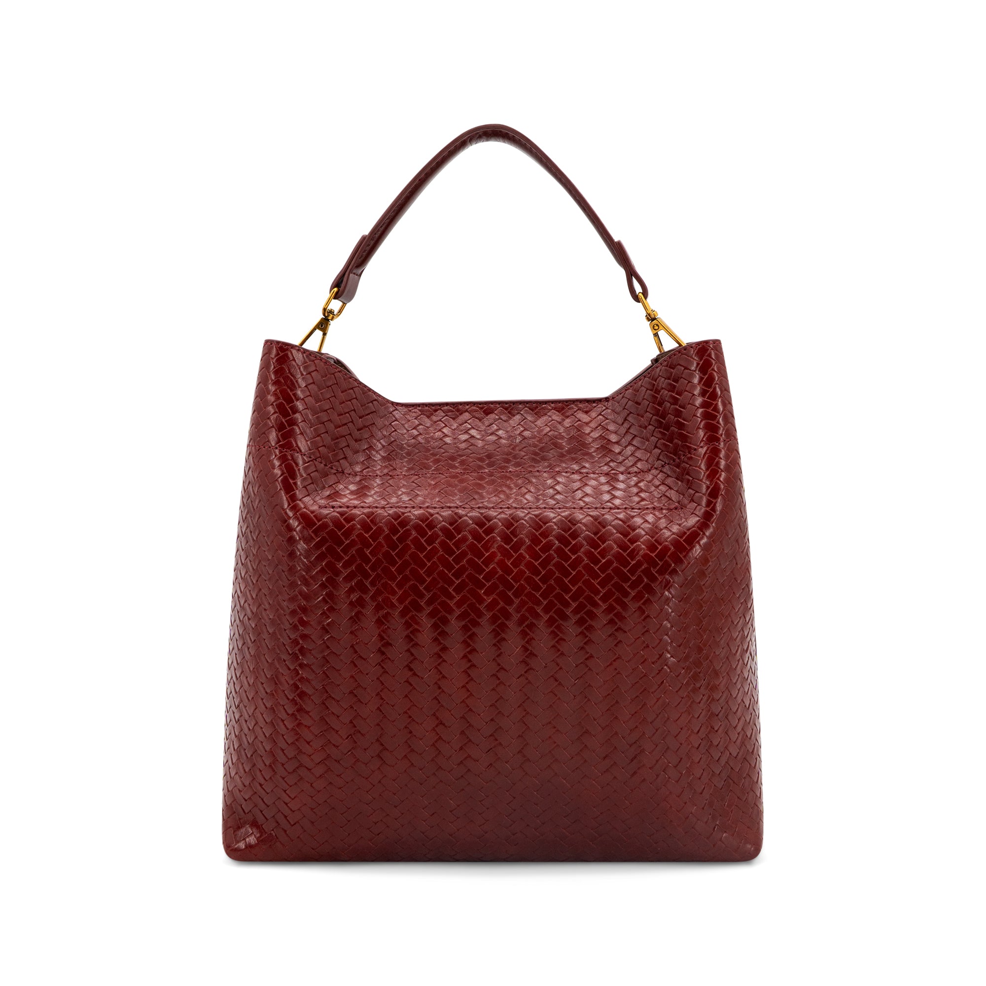 A Wine  textured leather handbag with a top handle and gold-tone hardware, shown against a plain white background.