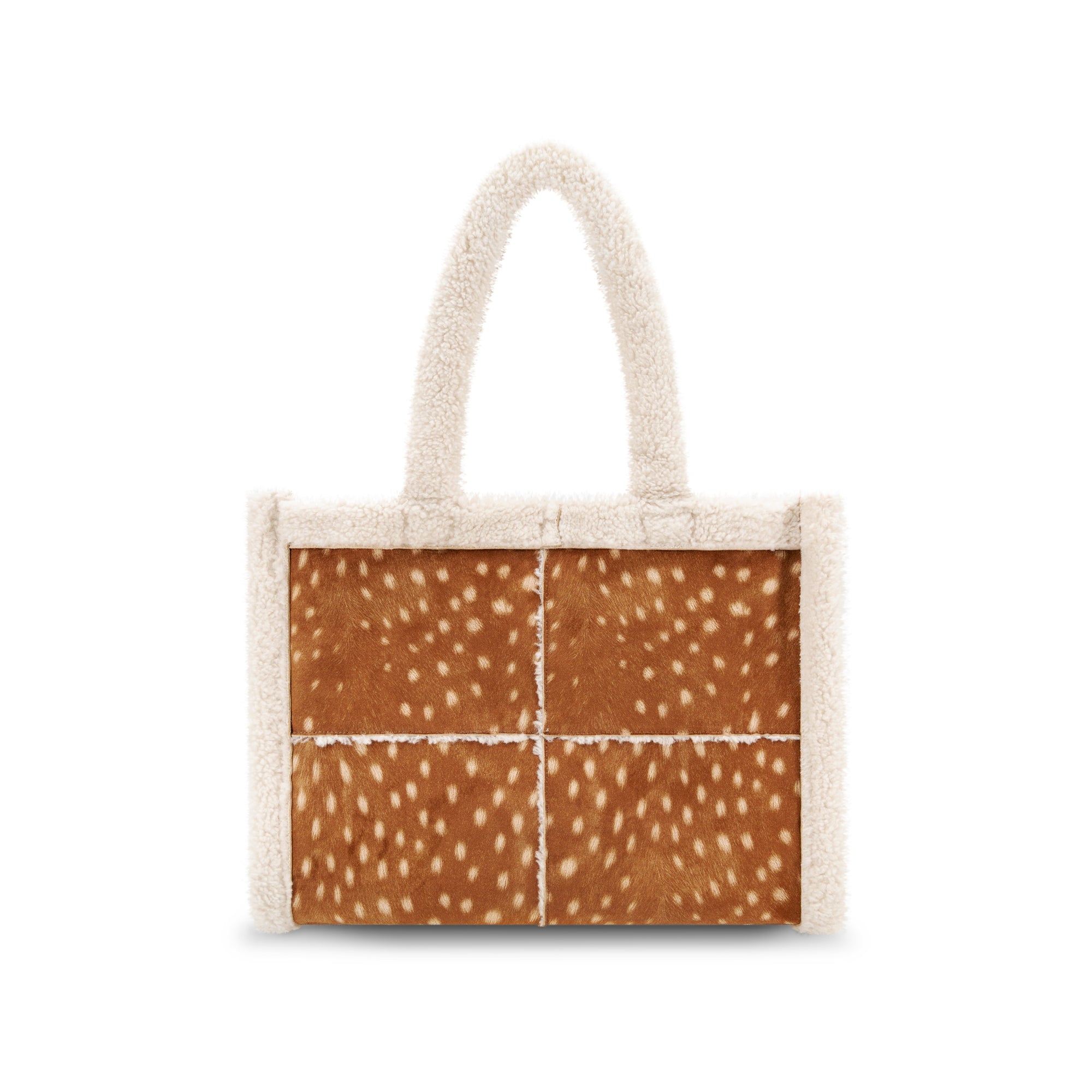 A small structured tote bag with a brown and beige spotted animal-print front and cream-colored fuzzy handles and trim, shown on a plain white background.
