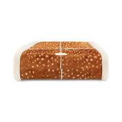 A rectangular pet bed featuring a brown and cream deer print top with plush cream sherpa sides and a matching cream sherpa front panel, shown on a plain white background.
